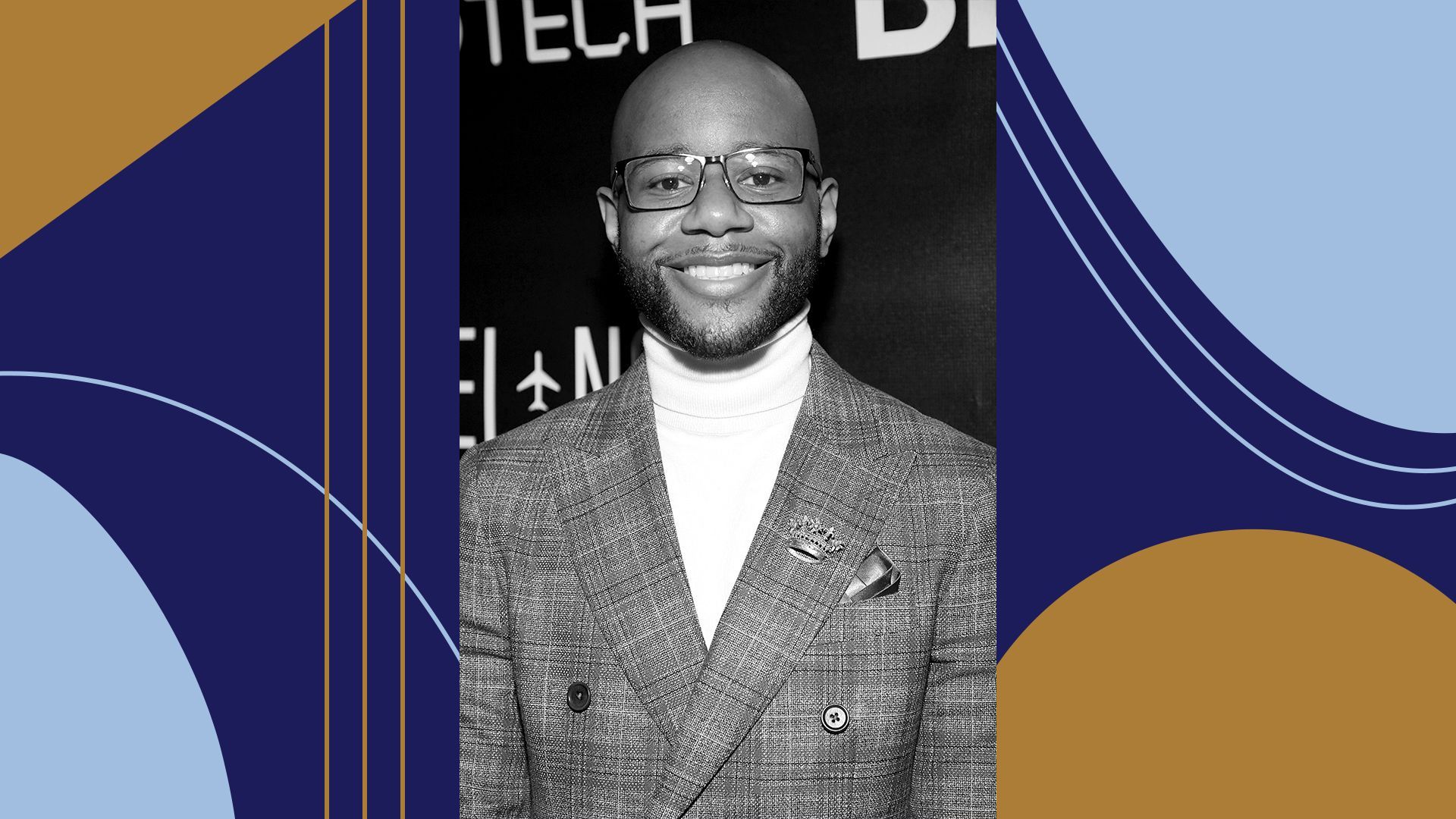Photo illustration of Jeff Nelson, COO of Blavity, set amongst blue and gold graphic shapes and lines 