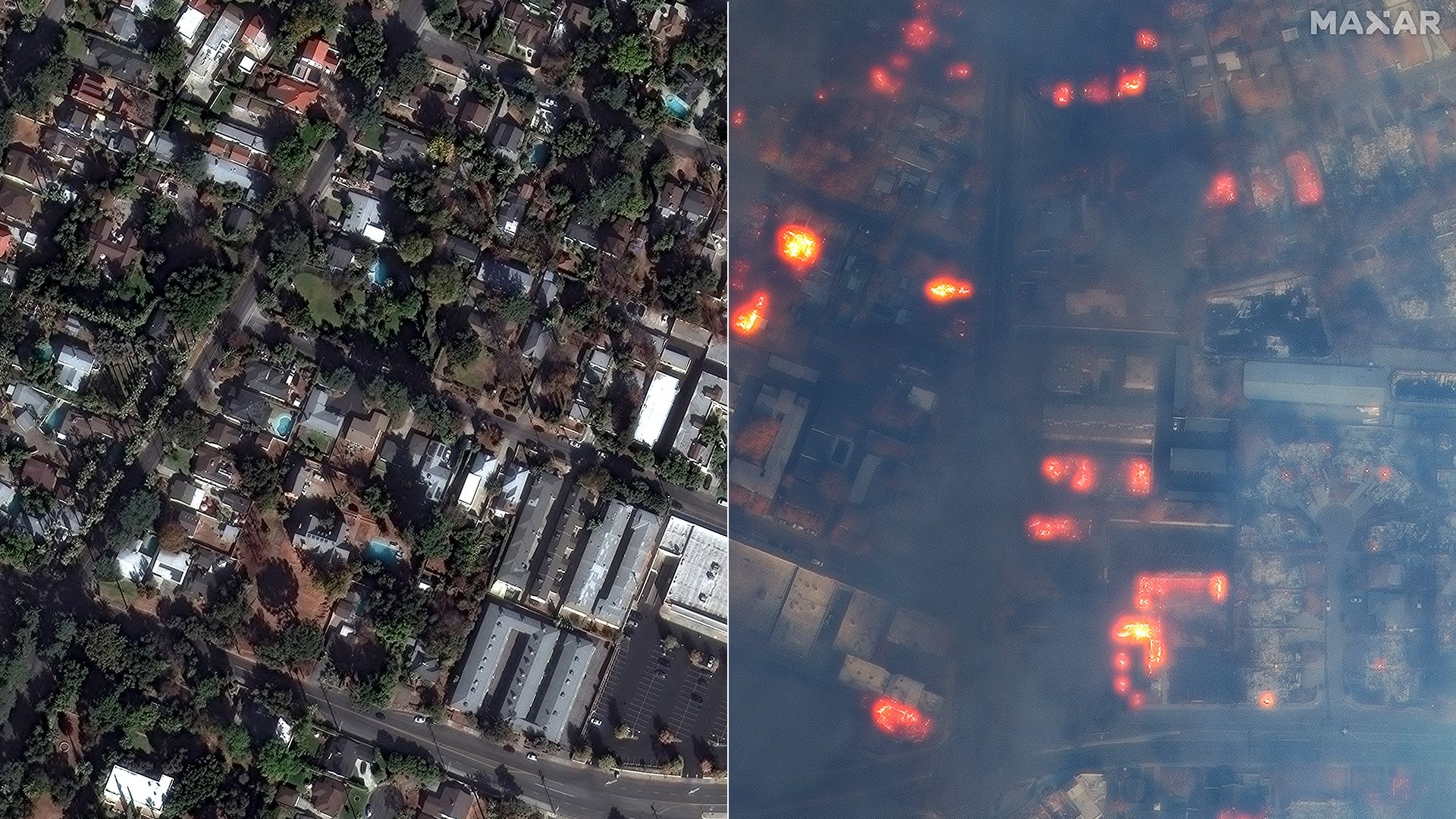 A satellite view of homes and buildings on East Altadena Drive in Altadena, CA. Photos: MAXAR