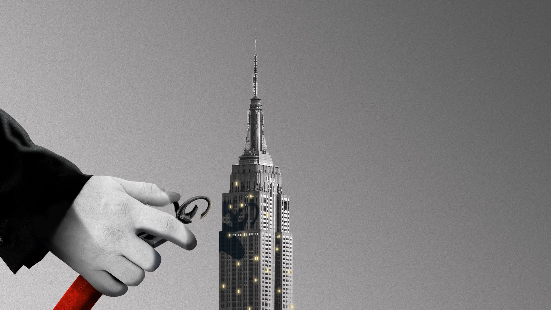 An illustration of a hand putting a velvet rope in front of New York. 