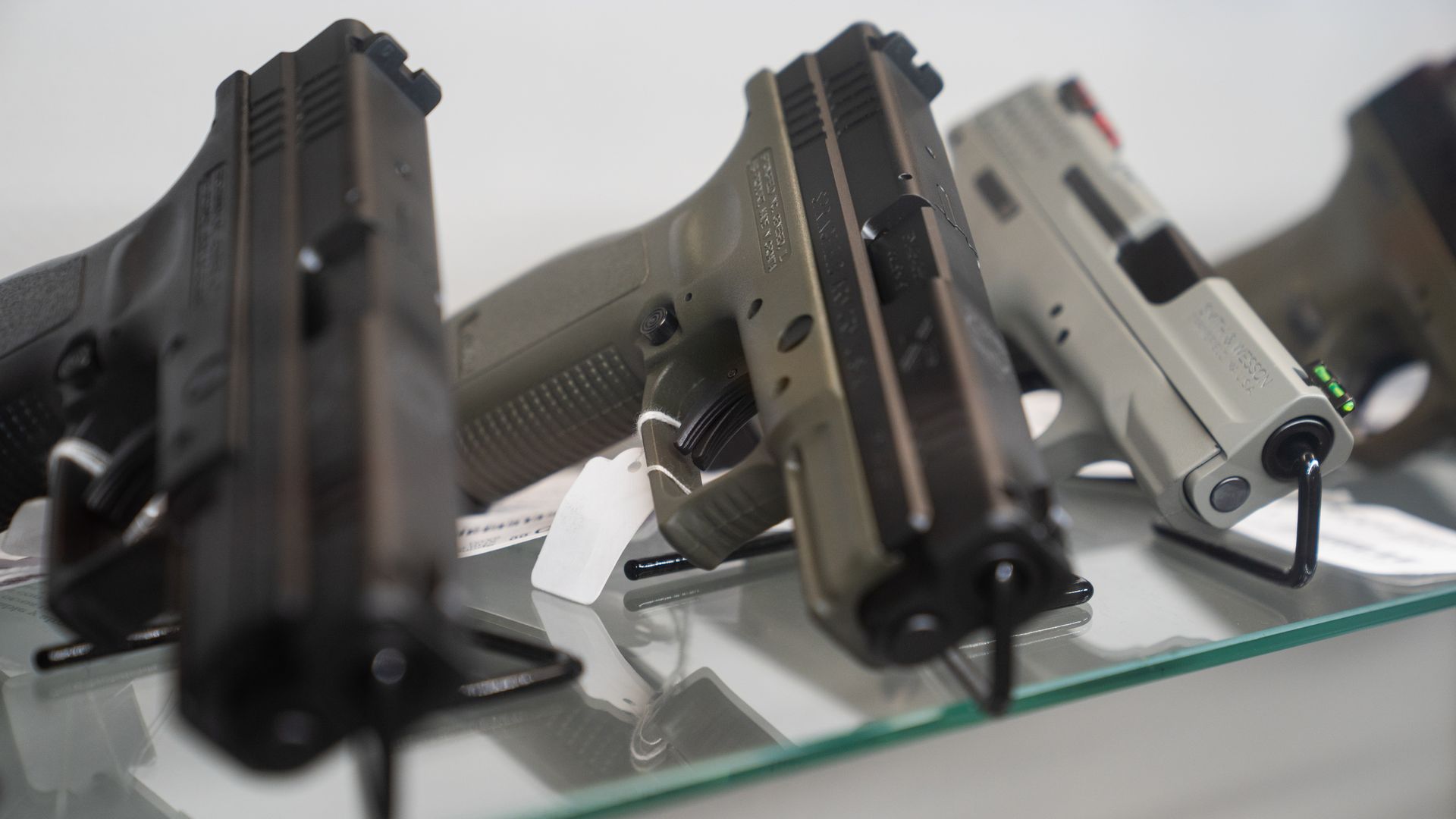 Smith & Wesson Brands Inc. and Springfield Armory Inc. semi-automatic pistols for sale at Hiram's Guns / Firearms Unknown store in El Cajon, California, U.S., on Monday, April 26, 2021. .