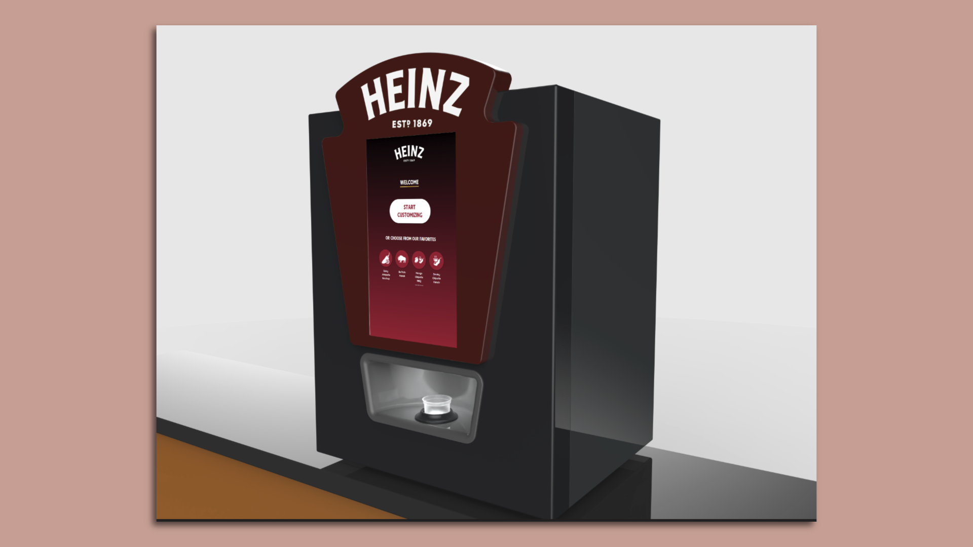 A vending machine for ketchup that says "Heinz" at the top.