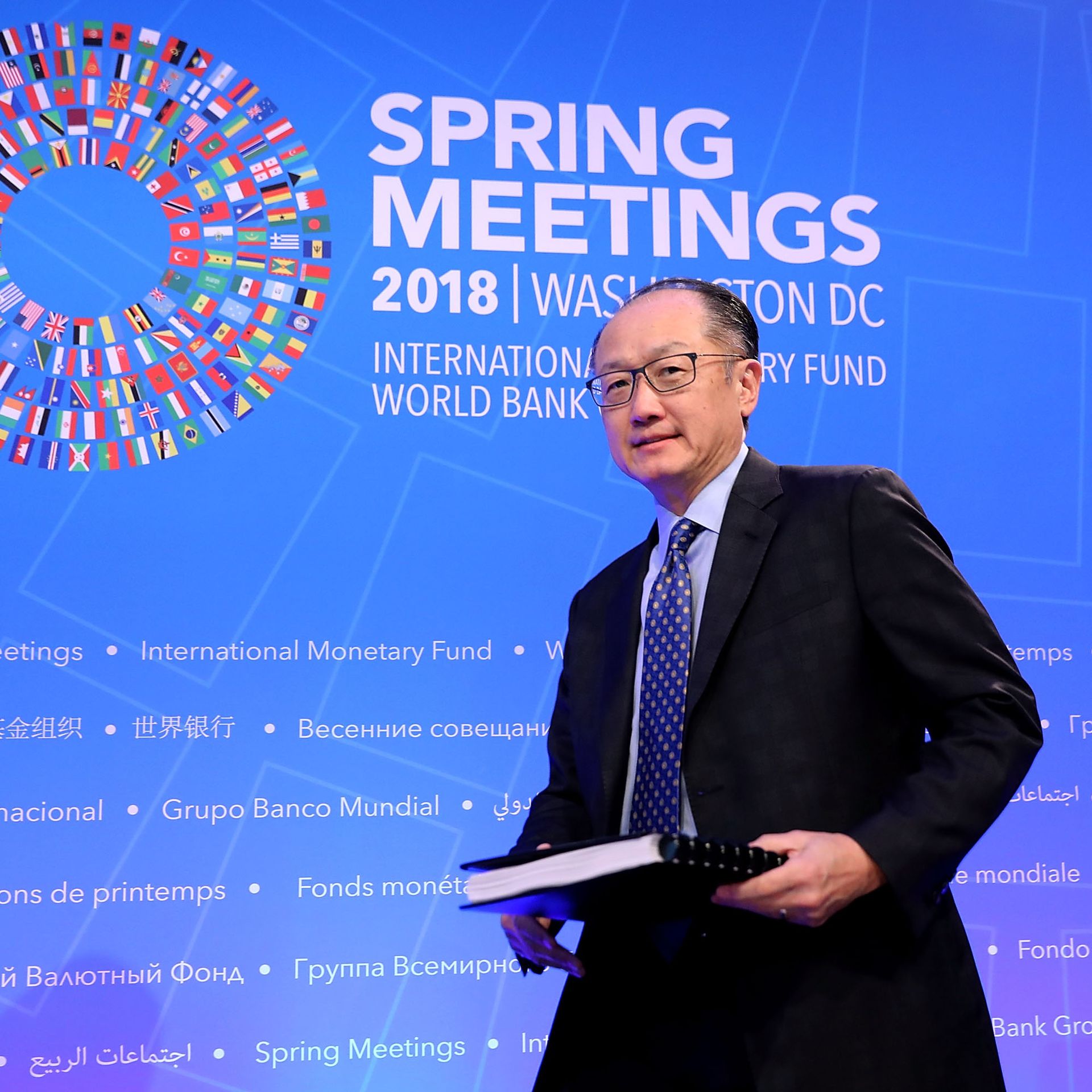 World Bank President Jim Yong Kim arrives for a news conference at International Monetary Fund Headquarters April 19, 2018 in Washington, DC. 