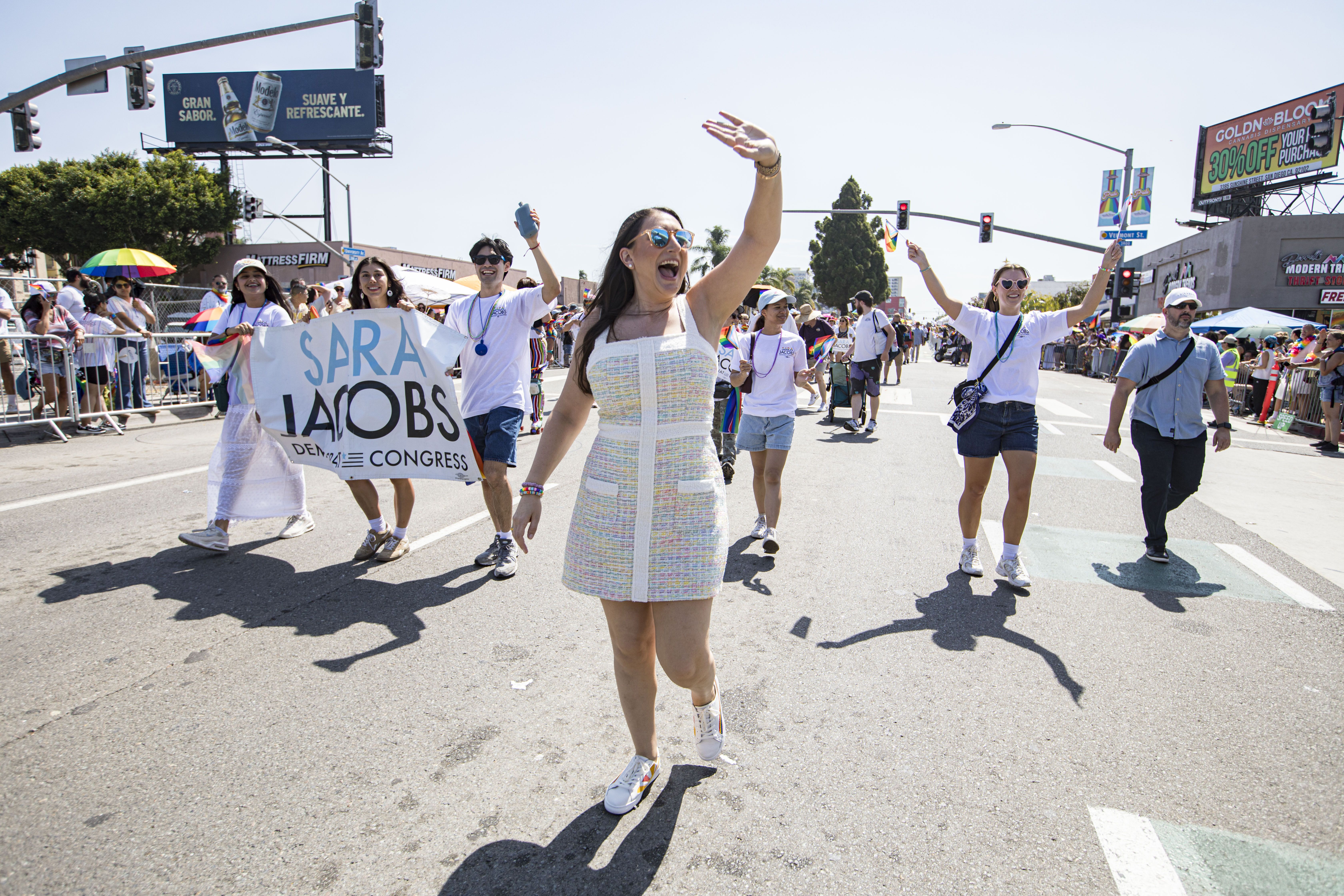 SAN DIEGO, CALIFORNIA - JULY 18: Congresswoman Sara Jacobs (D-51) marches during the 2026 San Diego Pride Parade on July 18, 2026 in San Diego, California. (Photo by Daniel Knighton/Getty Images)