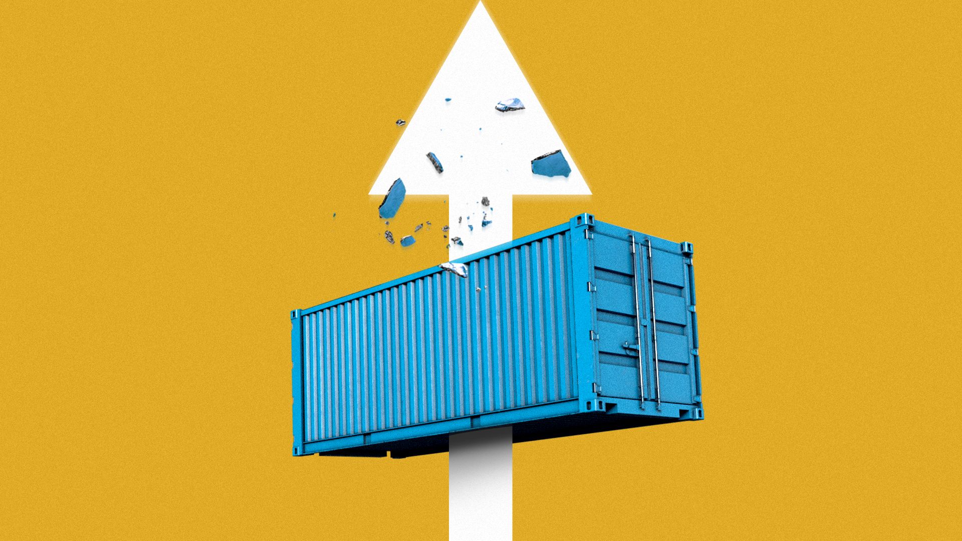 Illustration of a shipping container skewered on a rising arrow.