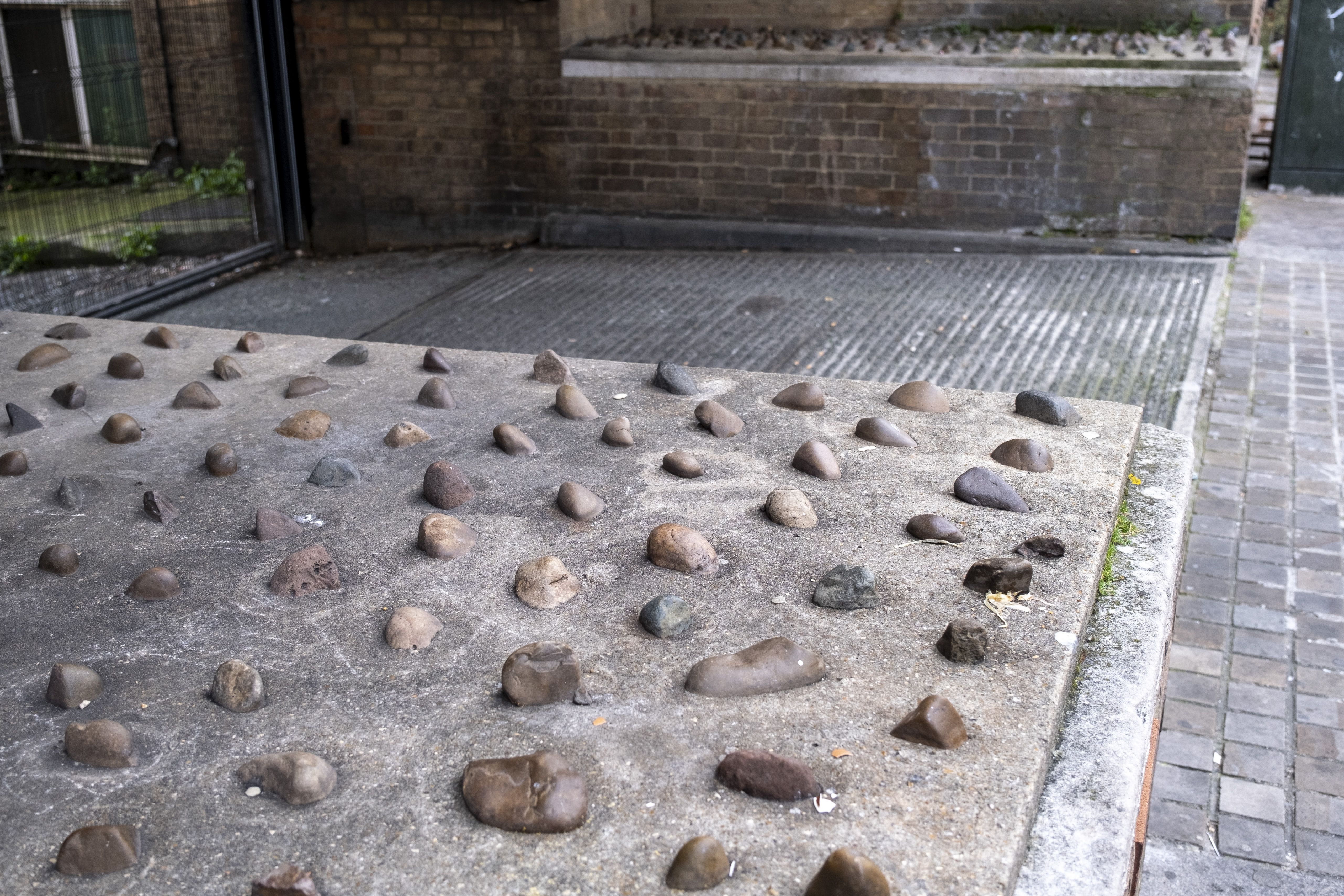 Close-up of a concrete surface embedded with small, rounded stones in an outdoor urban area with brick walls and a gated entrance in the background.
