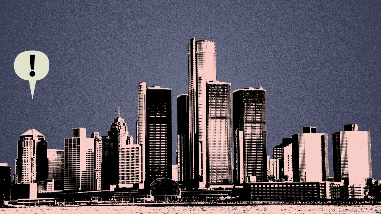 Illustration of the Detroit skyline with word balloons with exclamation points in them popping up above it from left to right.