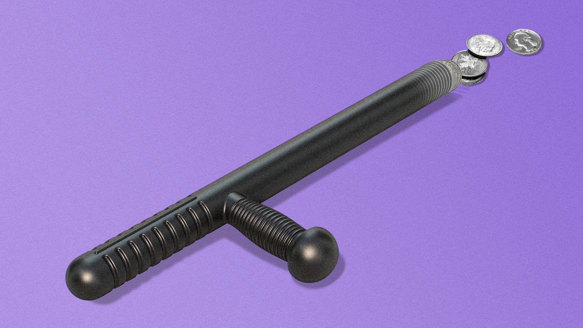 Illustration of a police baton being sliced up and quarters falling off. 