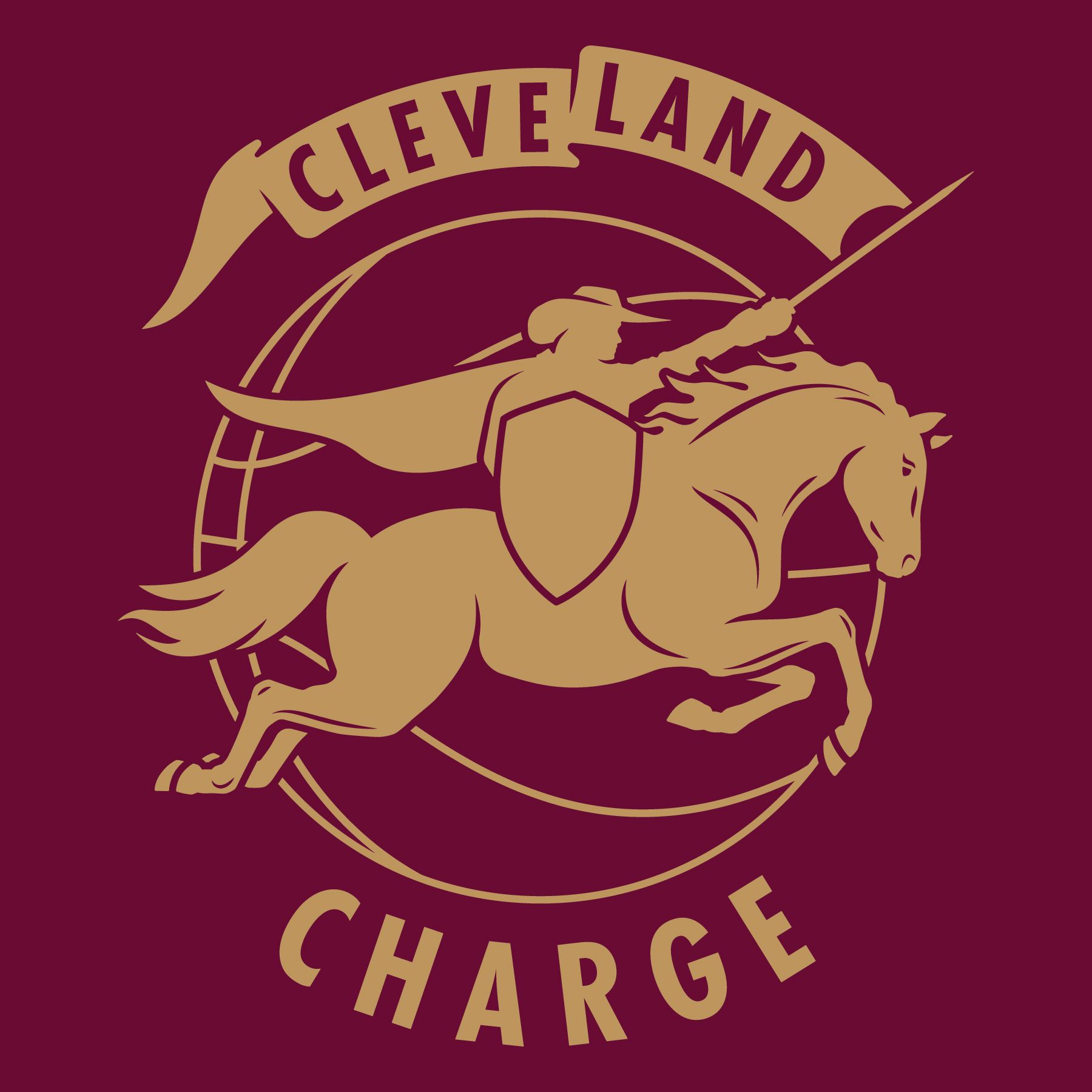 The new logo for the Cleveland Charge featuring a man on a horse with a shield. 