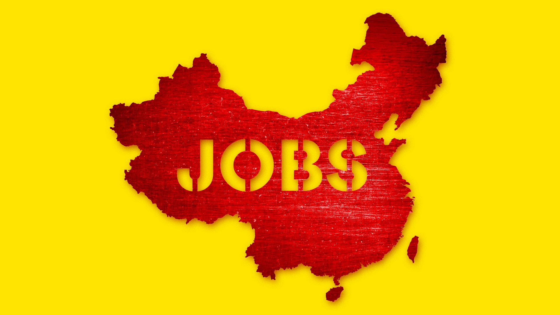 Illustration of a red map of China with yellow background and the word JOBS printed on the country.
