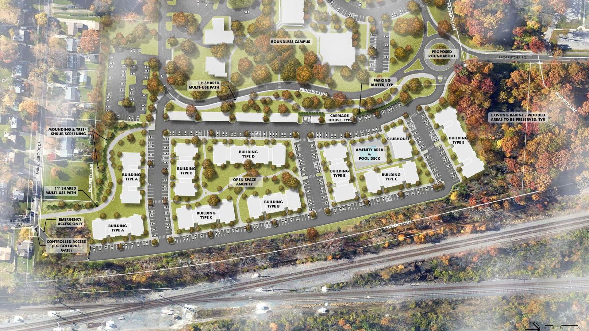 Aerial conceptual site plan of a campus: curved roads, a large roundabout, parking lots, buildings labeled Type A to E, green spaces, autumn trees, and a lake along the bottom edge.