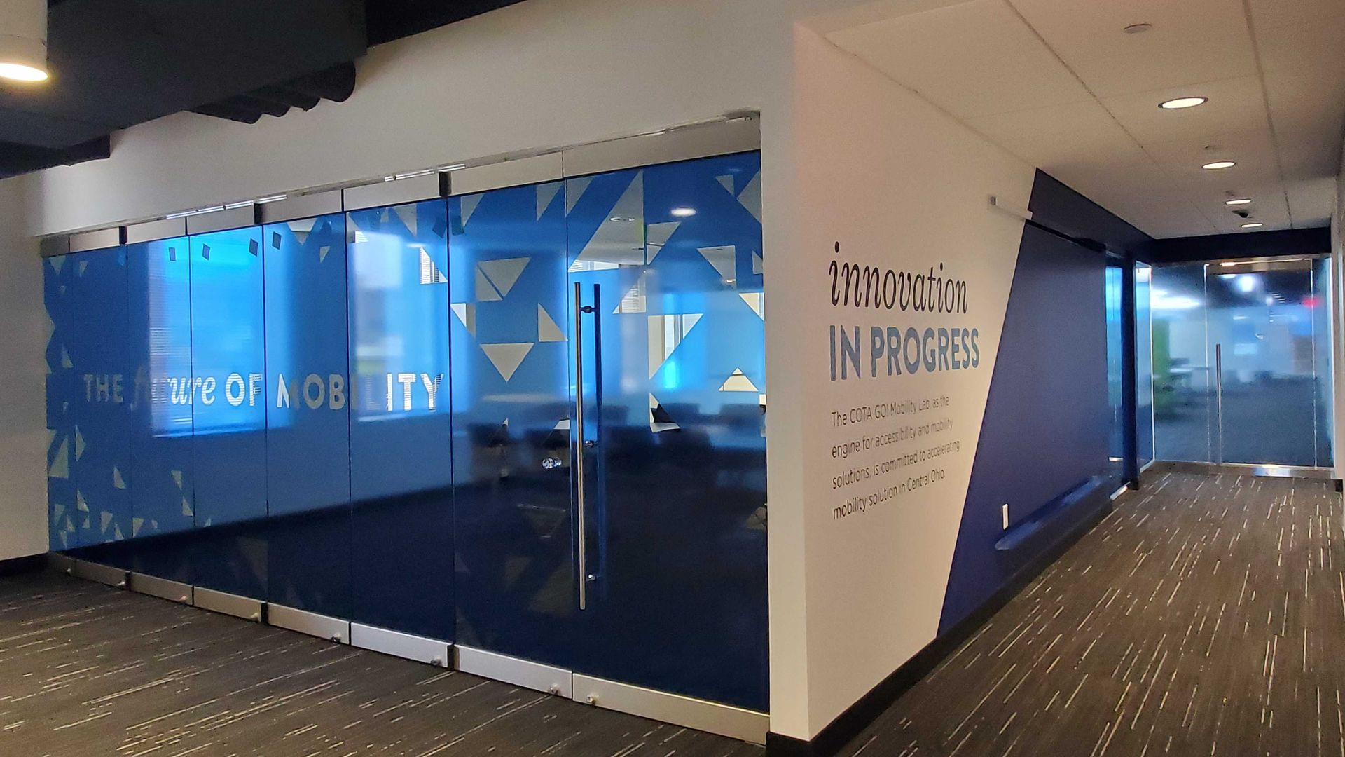 The lobby of a tech innovation space at a public transit agency. 