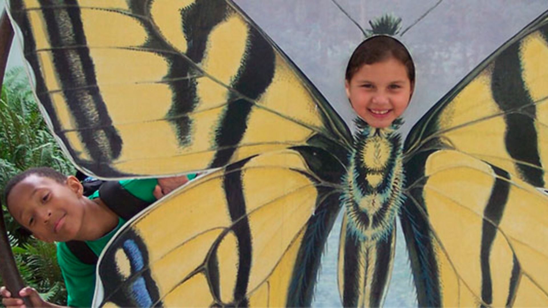 A girl stands behind a cut out of a yellow-winged butterfly while a boy peeks around the corner. 