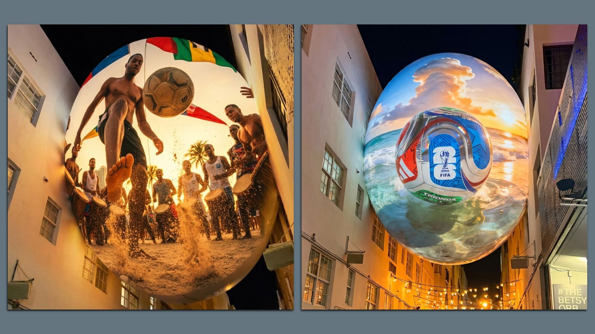 Two large spheres suspended in a narrow alley between white buildings. Left shows people playing soccer inside; right has a FIFA World Cup ball with a sunset sky motif.