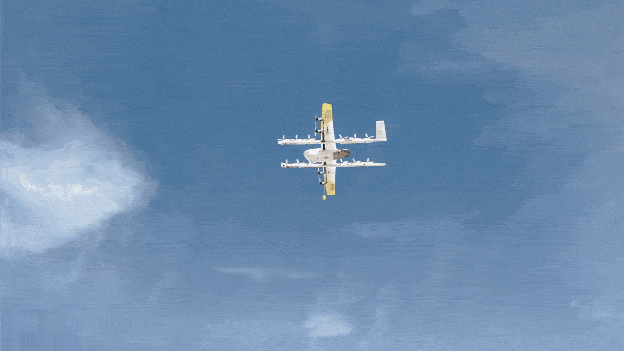 A gif of a drone delivery taking off