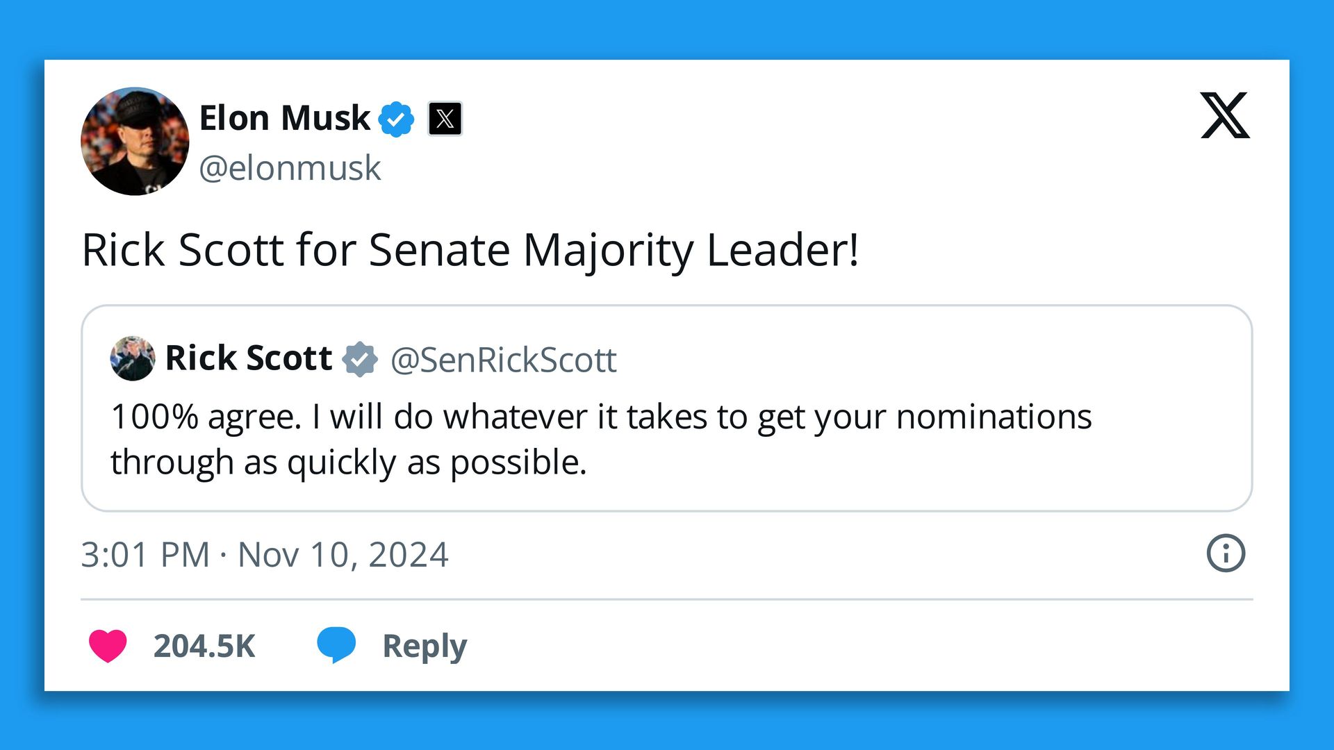 Image of Musk tweet endorsing Rick Scott