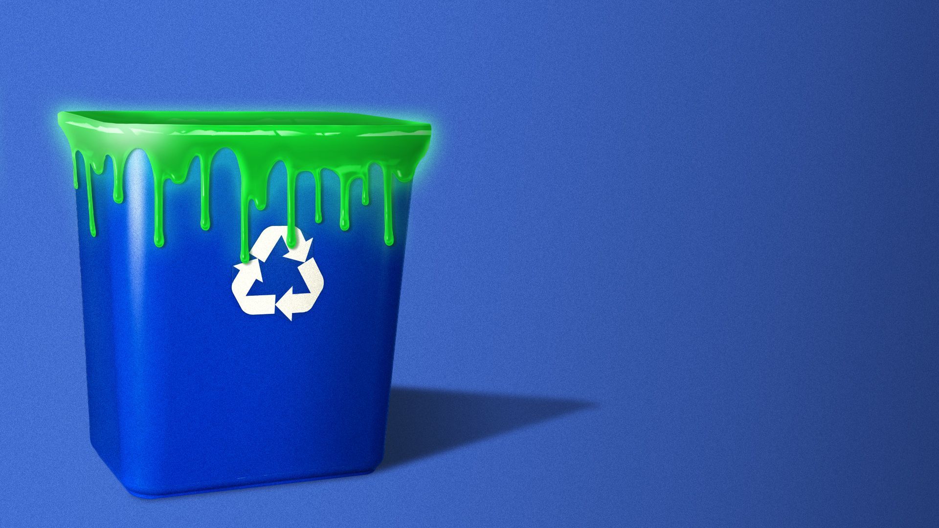 Illustration of a recycling bin with green radioactive drips around the top.