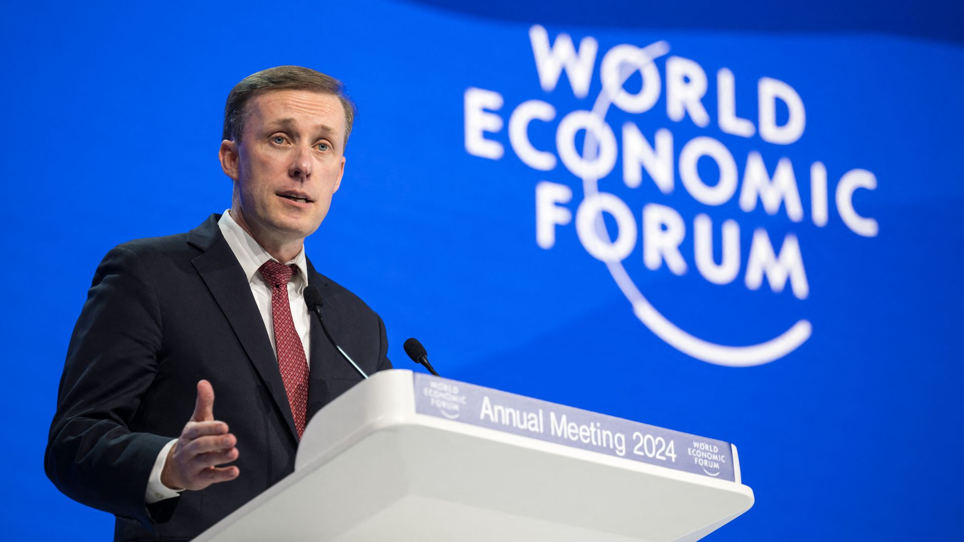 Jake Sullivan addresses the assembly at the World Economic Forum (WEF) annual meeting in Davos, 
