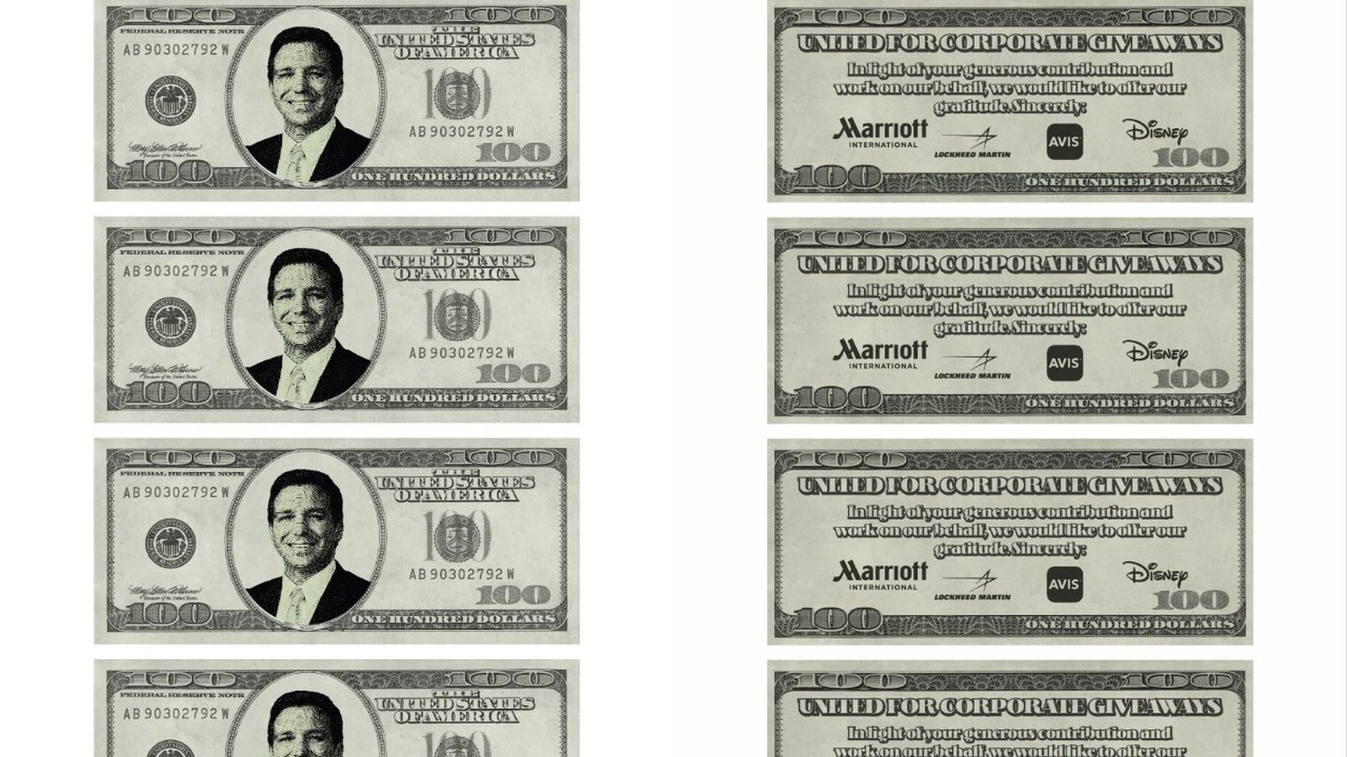 Dollar bills with DeSantis' face on them