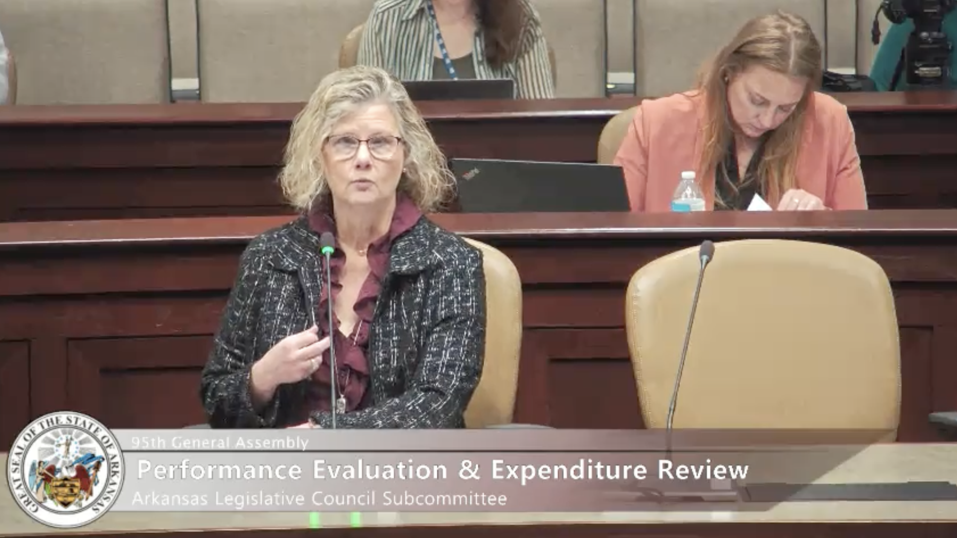 A woman speaks into a microphone at a legislative hearing in Arkansas. The banner reads "Performance Evaluation & Expenditure Review, Arkansas Legislative Council Subcommittee." Two women are seated behind her, one taking notes.