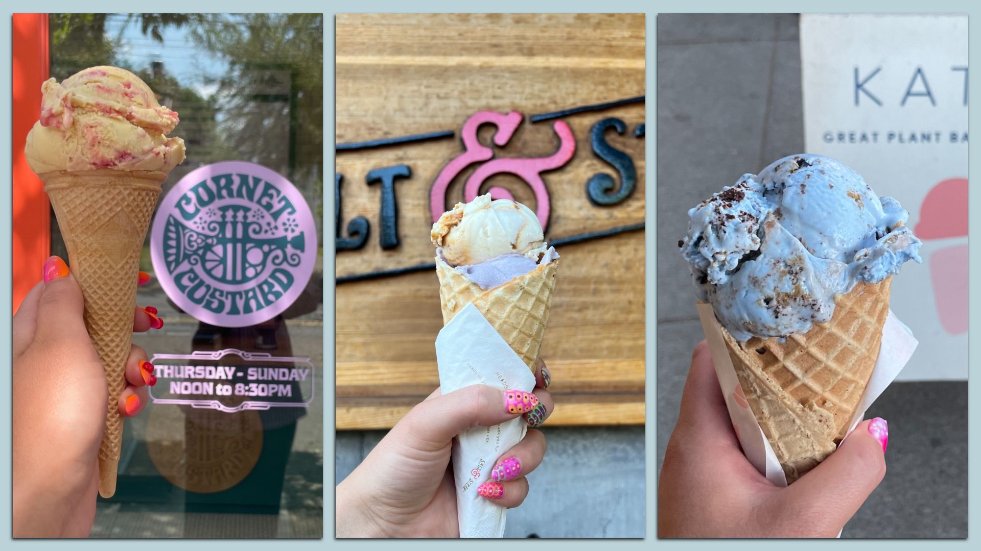 Three hands hold ice cream cones from different shops: Cornet Custard (strawberry swirl), Salt & Straw (double scoop), and Kate's Ice Cream (blue plant-based ice cream), all with colorful manicured nails.