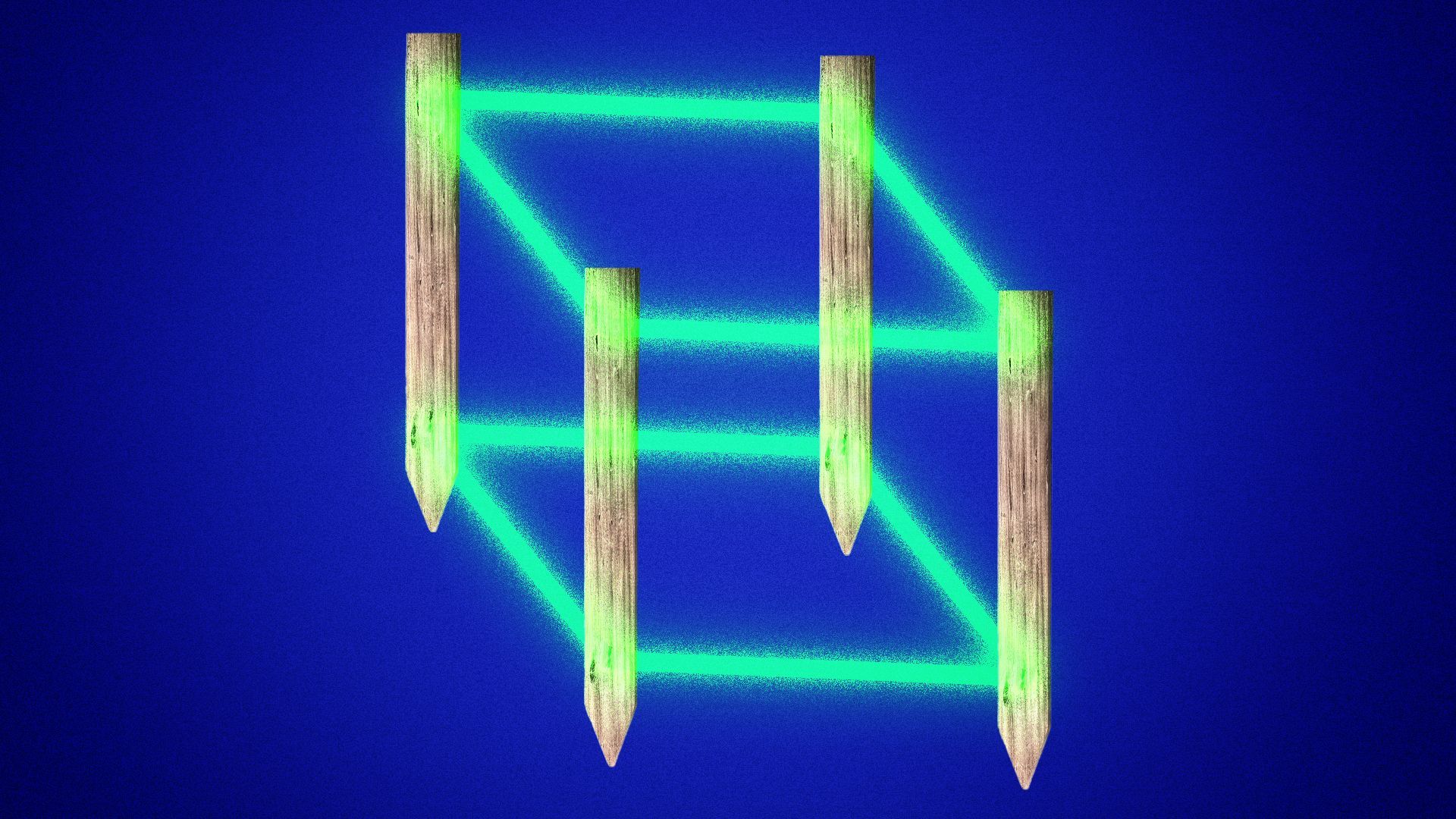 Illustration of a cube formed by wooden stakes and glowing green laser-like lines