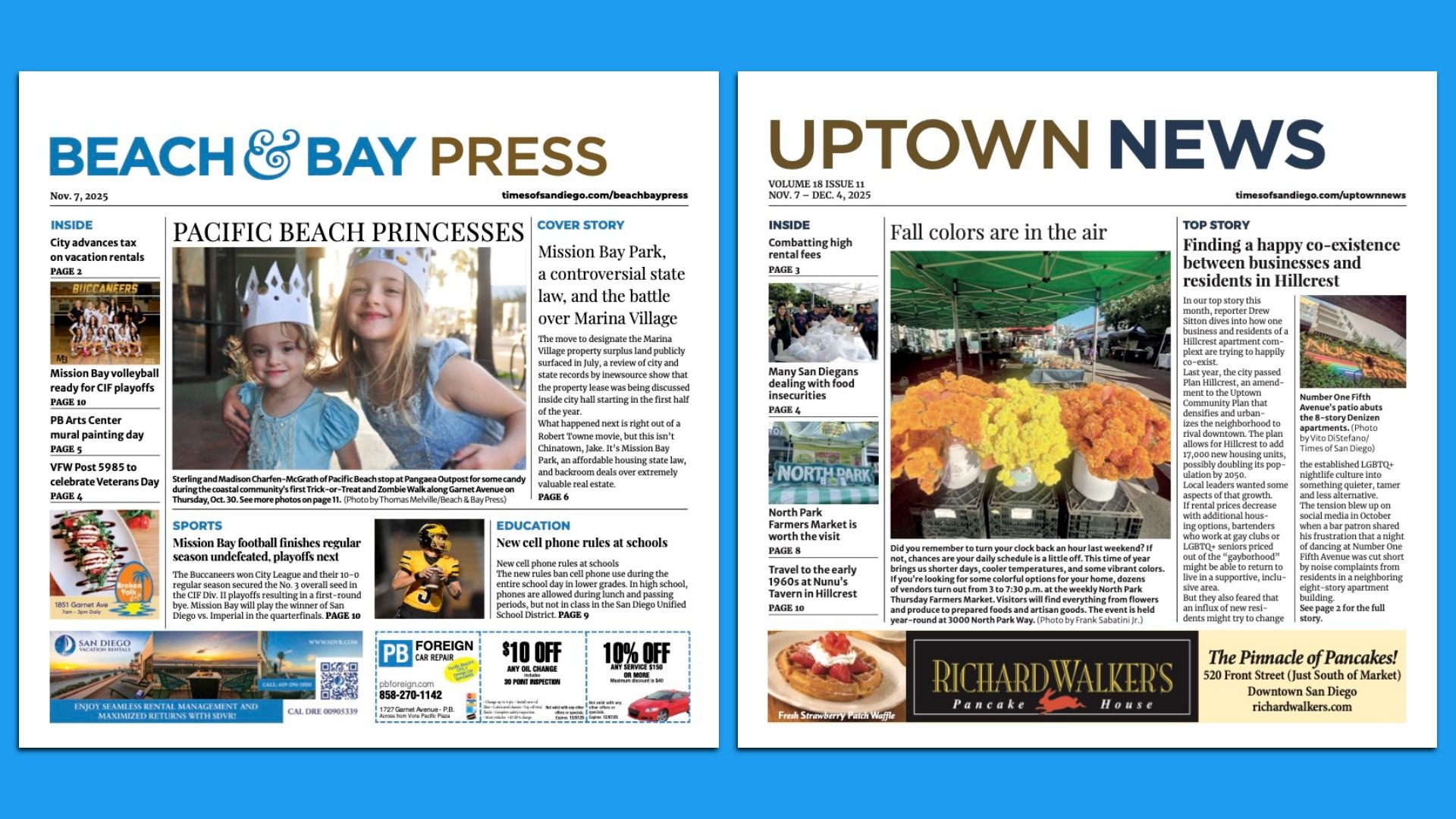 Two newspaper front pages side by side: Beach & Bay Press with a photo of two girls in paper crowns, Uptown News showing a market stall with yellow and orange flowers under green tents.