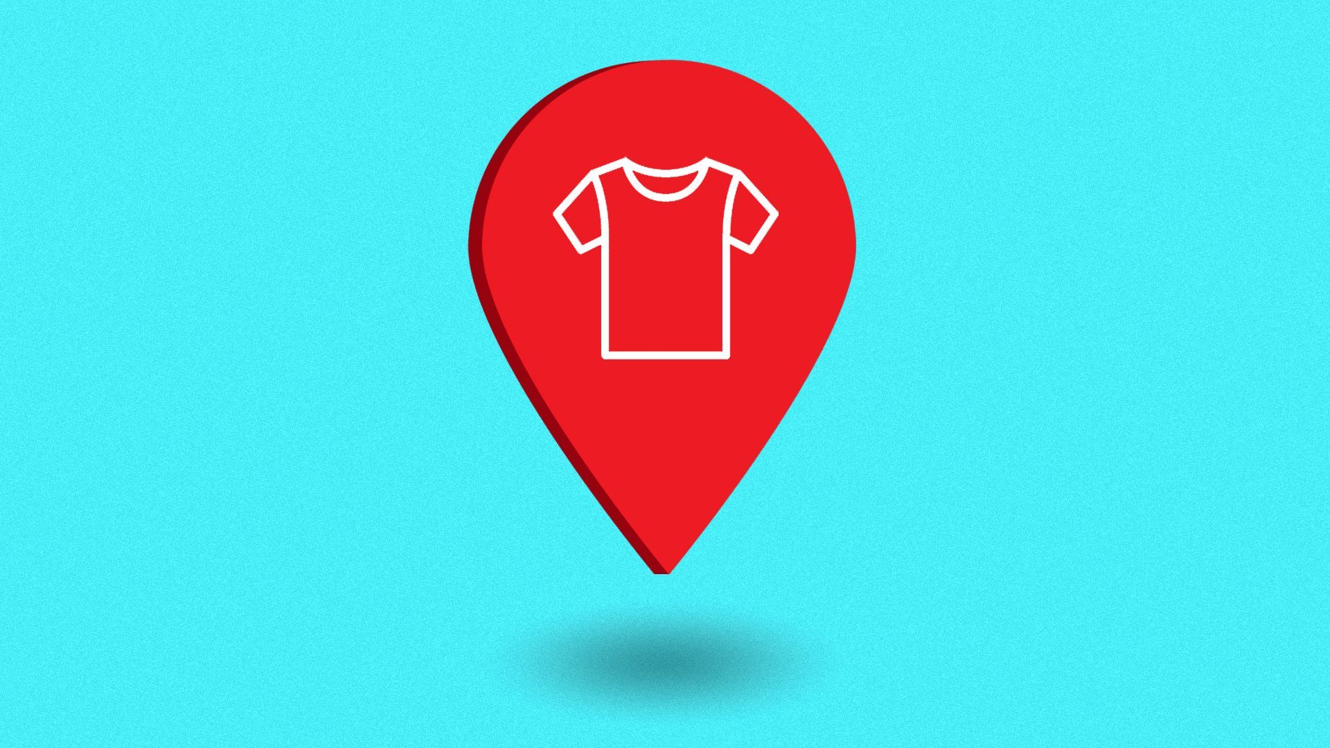 Illustration of a location pin icon with a T-shirt in the center.