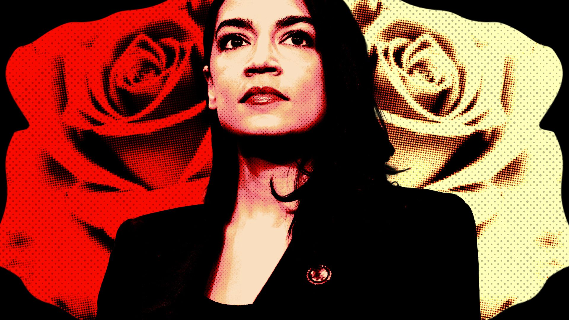 Photo illustration of Rep. Alexandria Ocasio-Cortez with red and yellow roses behind her