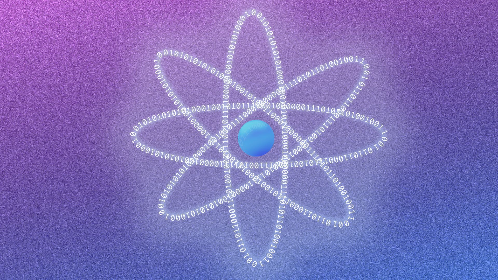 Illustration of quantum by showing an atom with electrons swirling around that are binary numbers