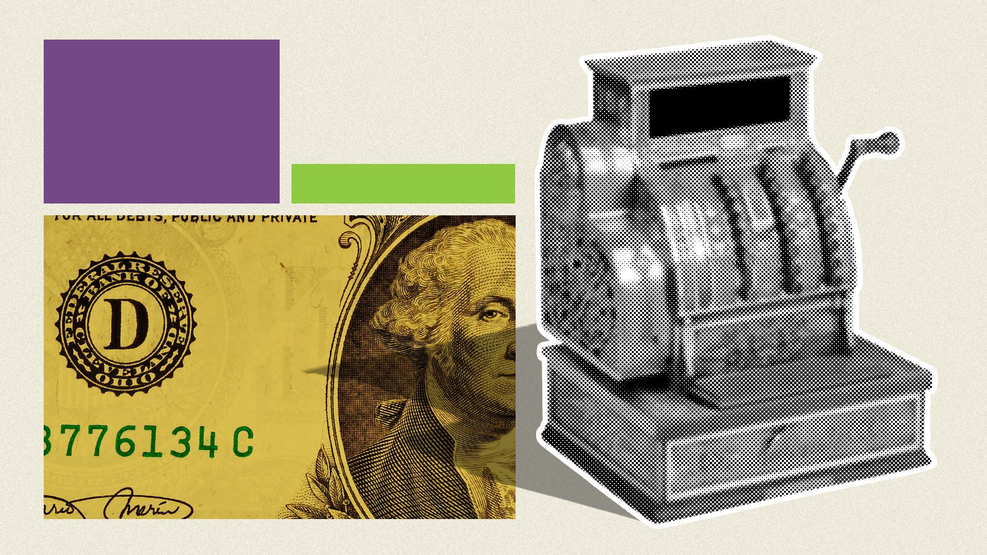 Illustration of a one dollar bill, some shapes, and a cash register in a collage style.