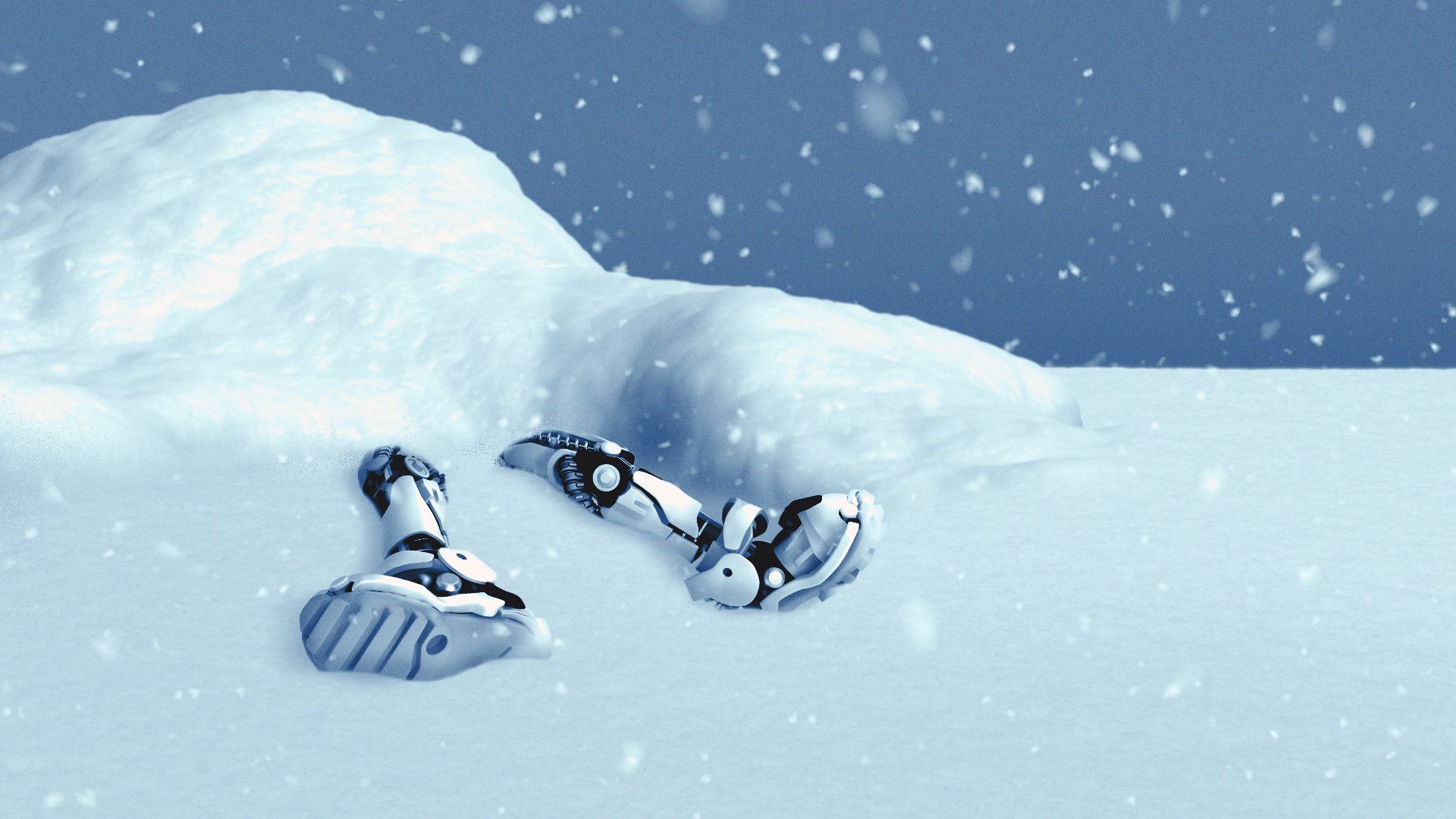 Illustration of a robot buried under a pile of snow, with it's legs poking out.