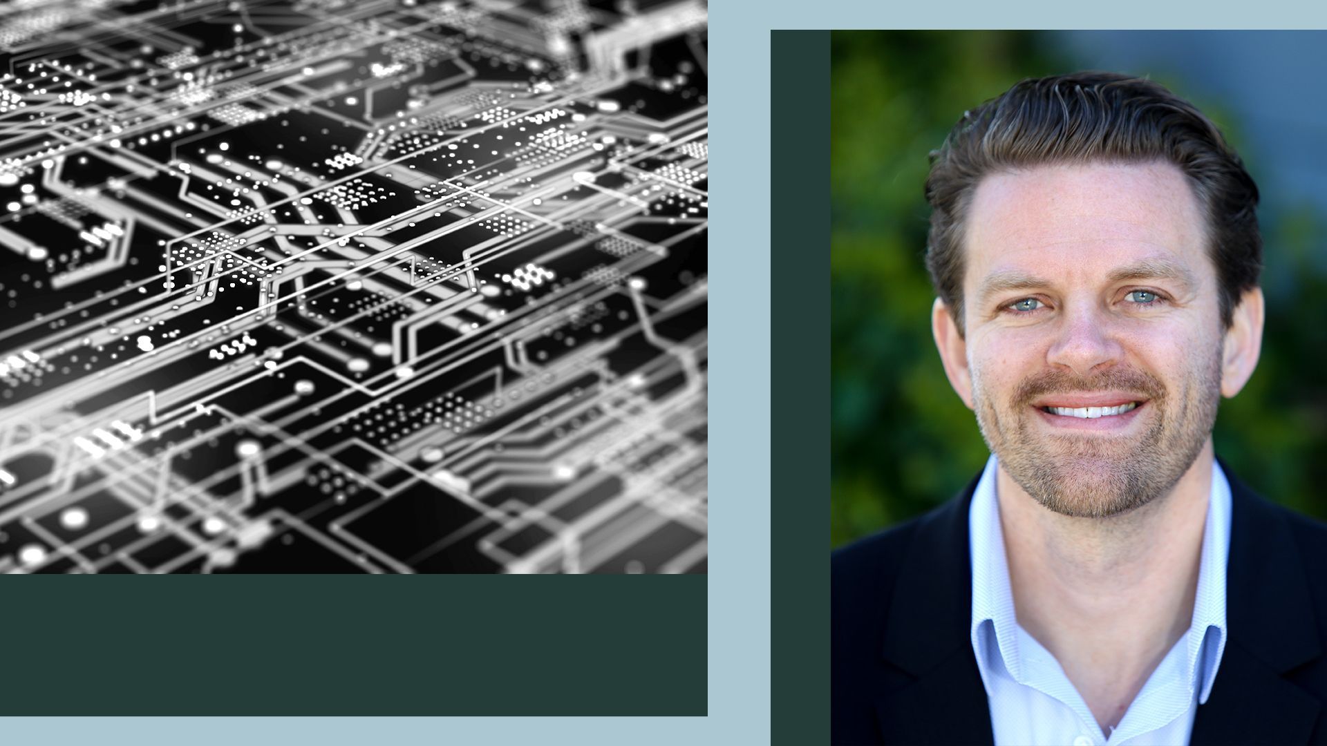 Photo illustration of Marshall Heilman, next to graphic shapes and a black and white circuit board.