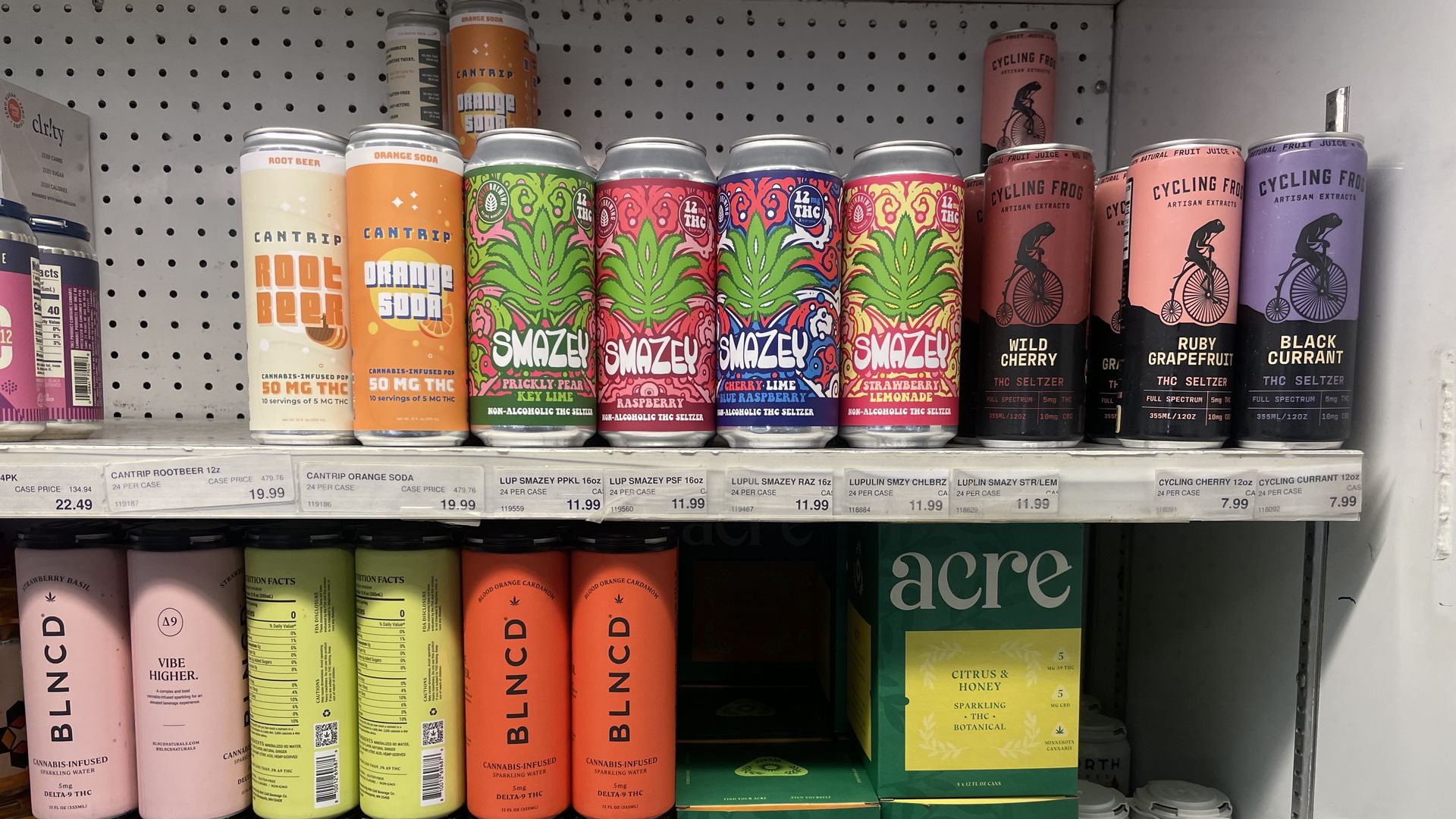 THC seltzer cans on a shelf