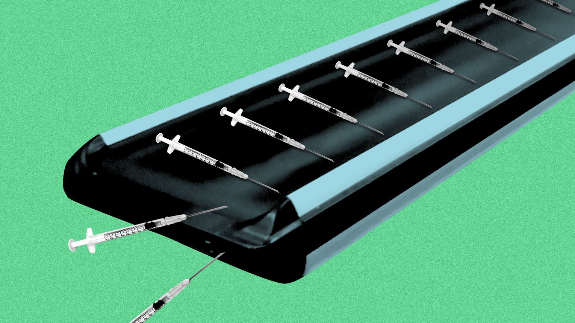 Illustration of a conveyor belt with syringes traveling down it and falling off the front.