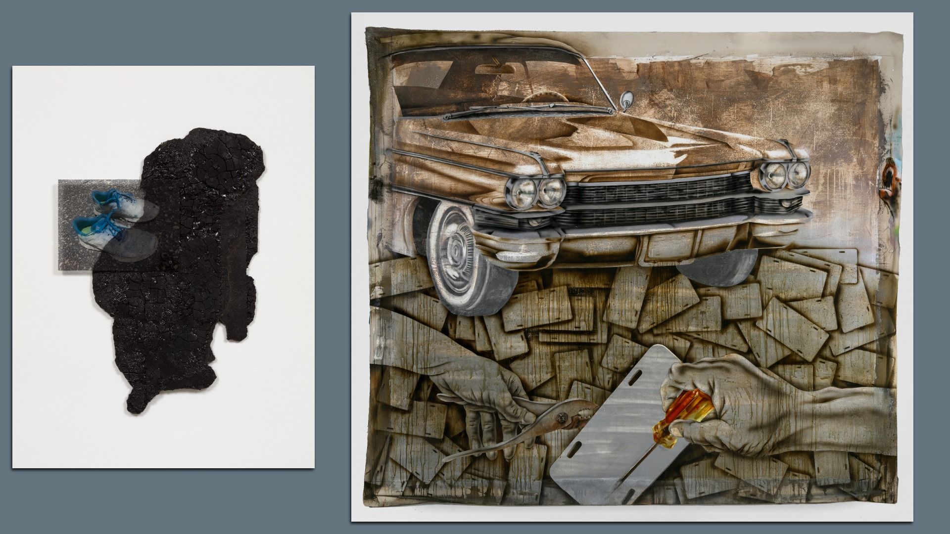 Two-panel collage: left white panel with a jagged black blob and blue sneakers layered over it; right panel features a rusted vintage car front amid stacked wooden boards and debris.
