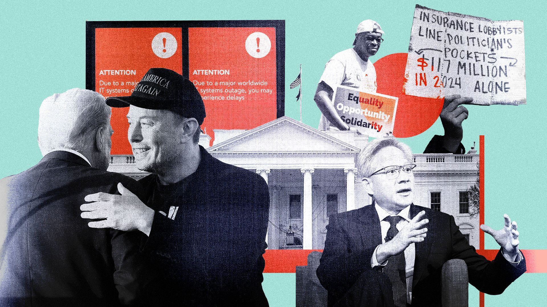 Photo illustration of Elon Musk, Donald Trump, Jensen Huang, protestors and an airport error screen.