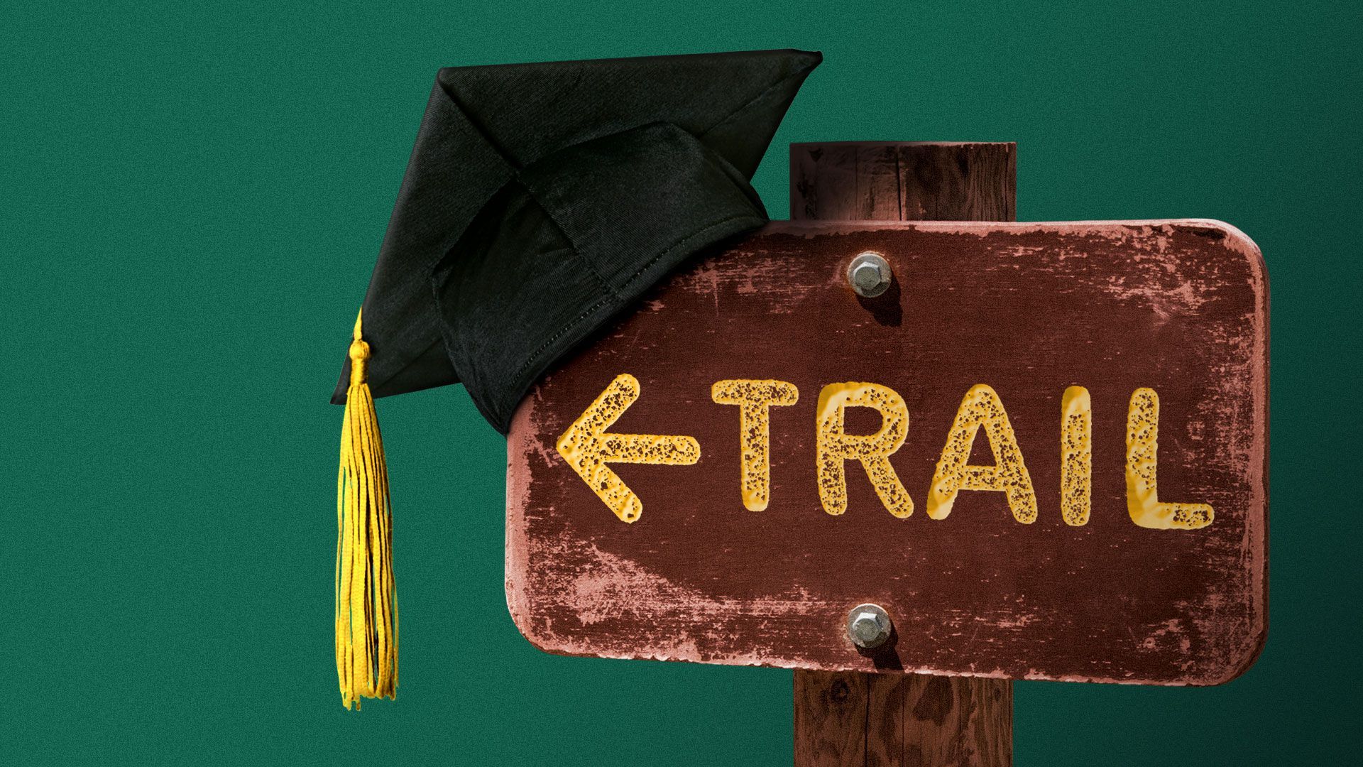 Illustration of a mortarboard hanging on the corner of a trail sign.