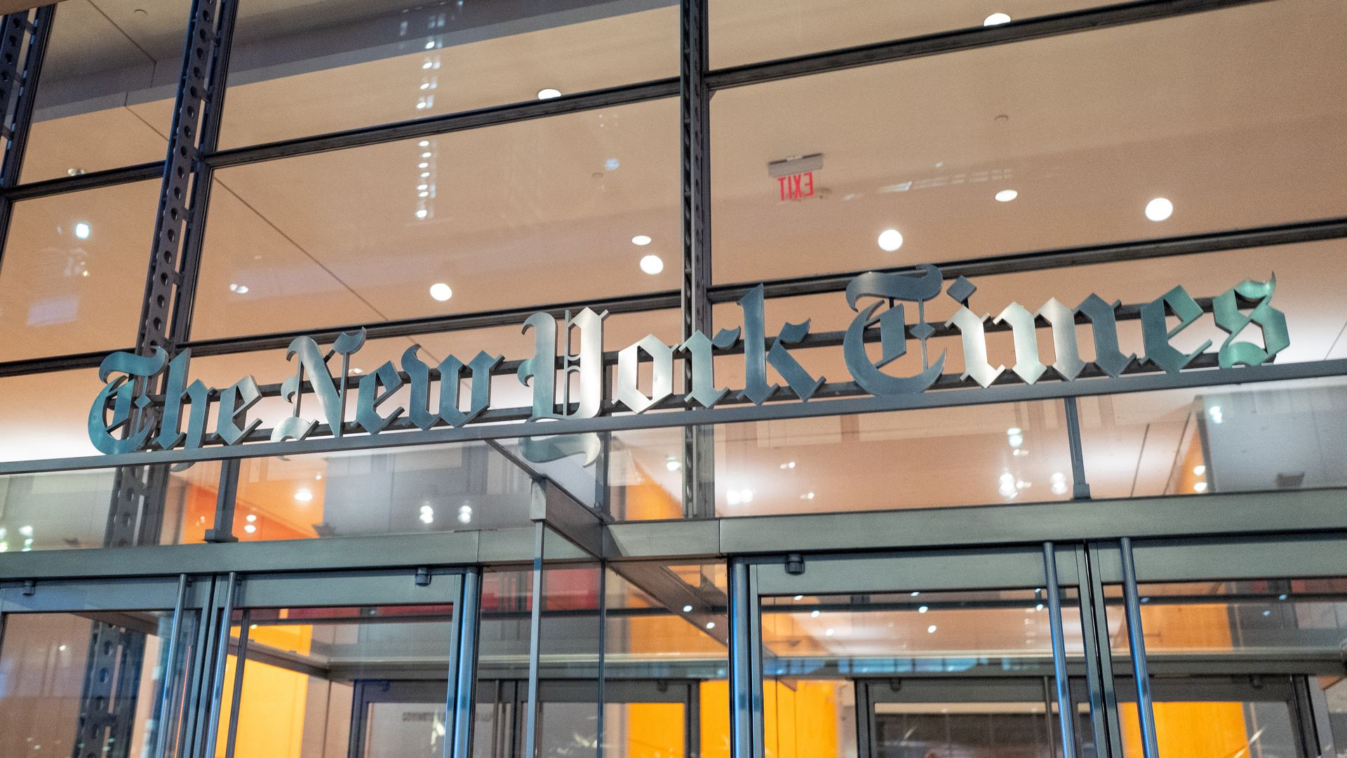 Entrance of The New York Times building with distinctive signage in New York City on October 20, 2024.