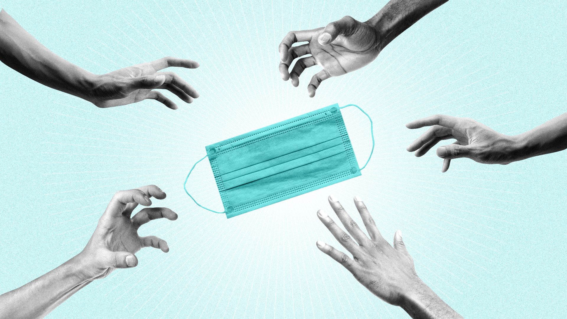 Illustration of a single surgical mask with multiple hands reaching out to grab it.
