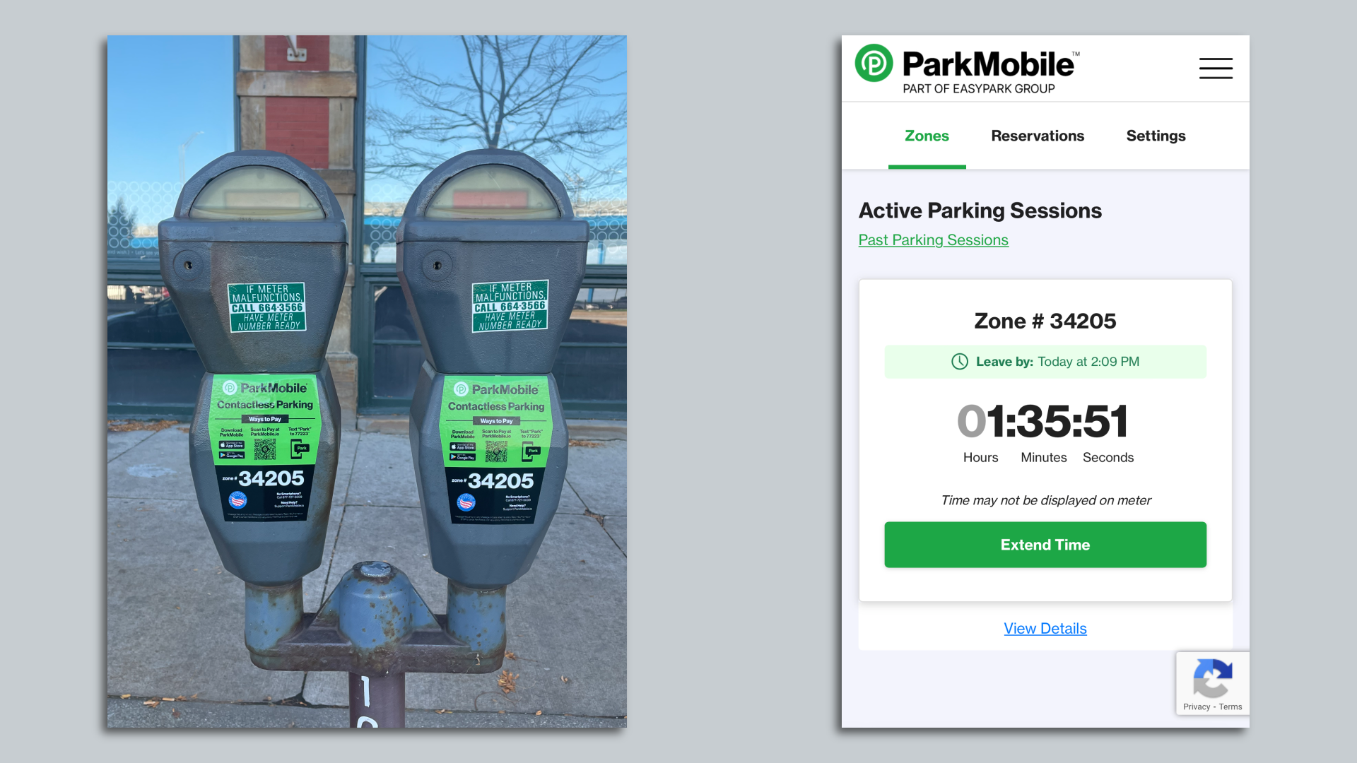 Side by side images of parking meters and a screenshot of a mobile parking app
