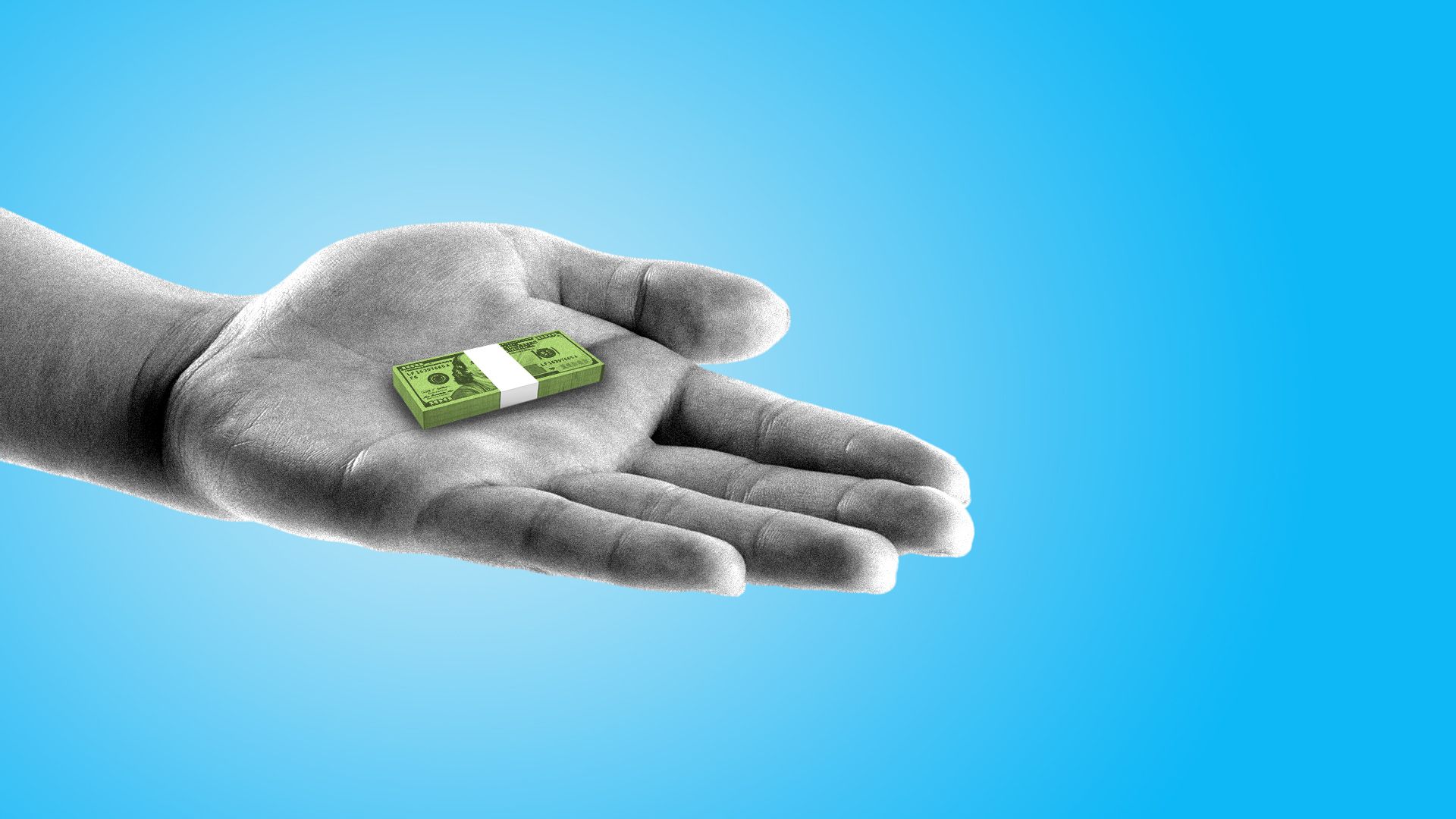 Illustration of a hand holding out a tiny stack of cash.  