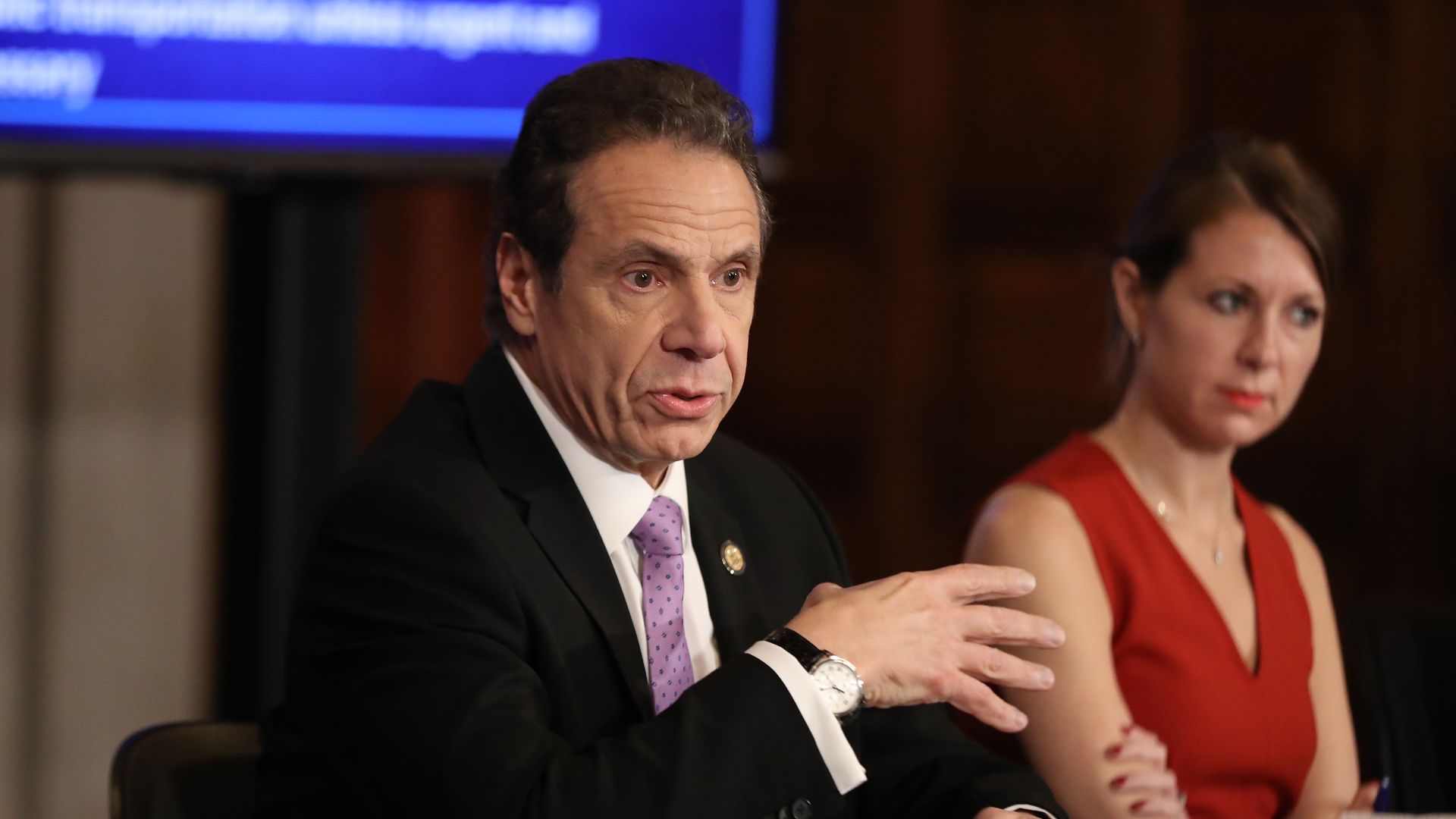 New York Governor Andrew Cuomo (L) speaks during his daily news conference with Secretary to the Governor Melissa DeRosa (R) on March 20, 2020 in New York City