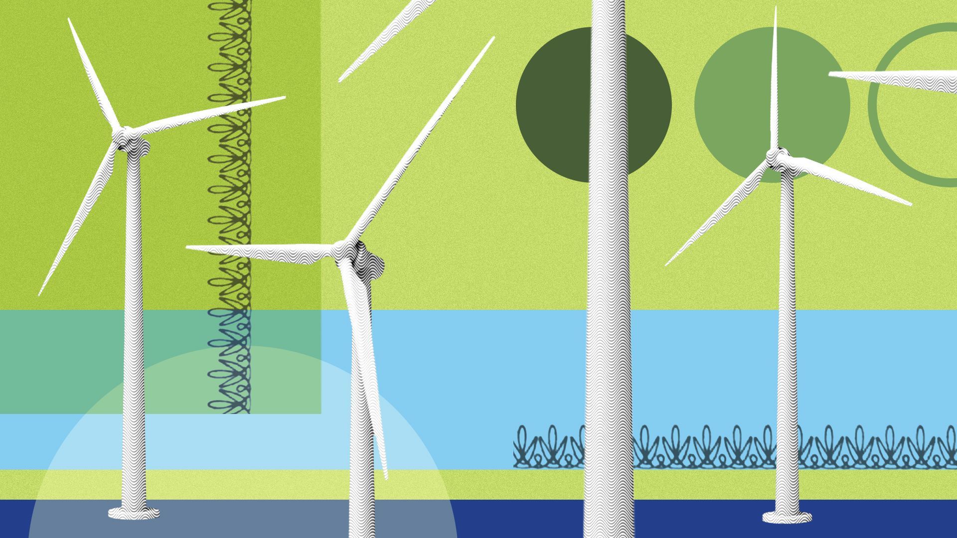 Illustration of wind turbines, abstract shapes and money elements.