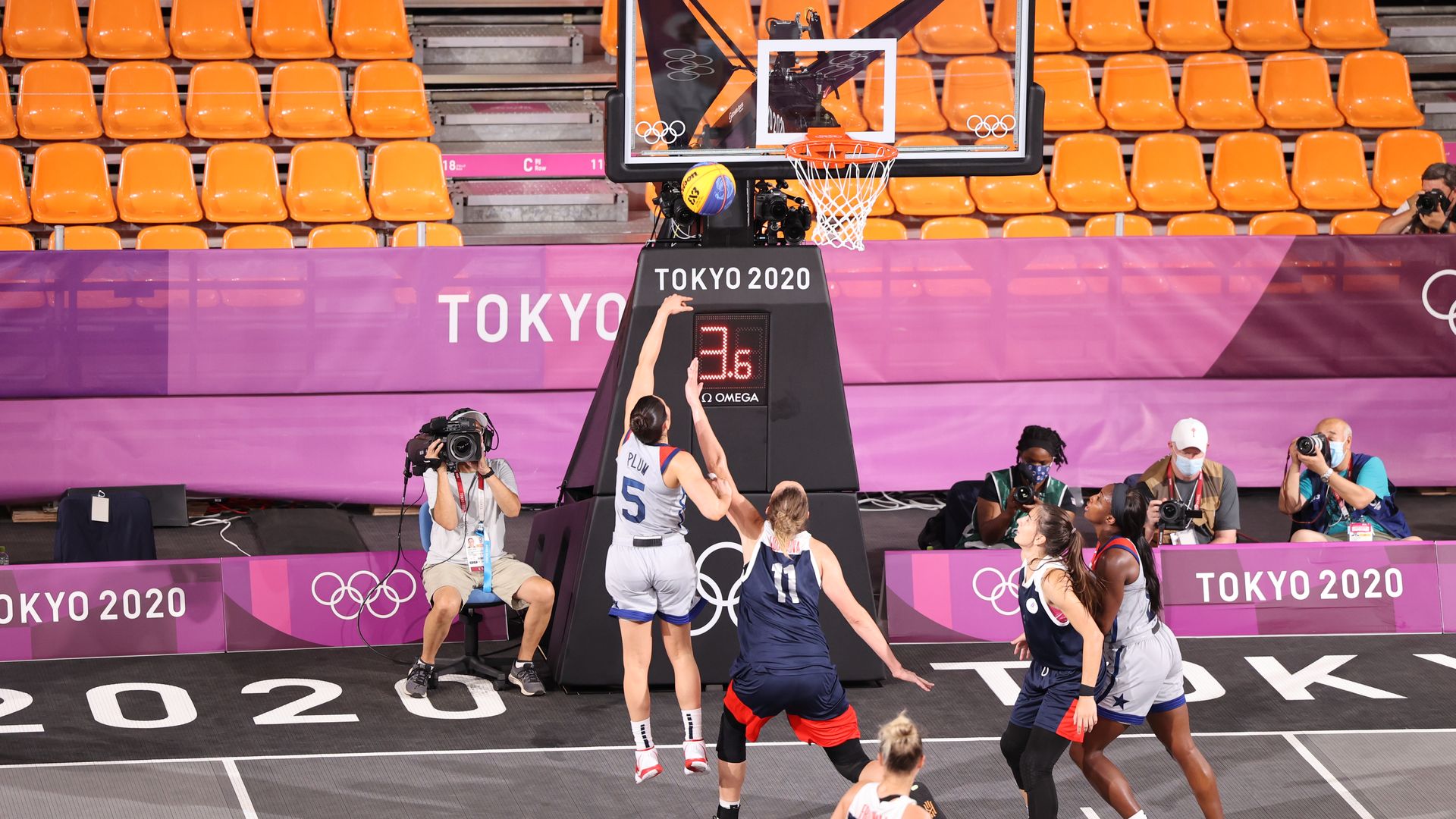 Kelsey Plum goes up for a shot during the gold medal game in women's 3x3 basketball between the U.S. and Russia.