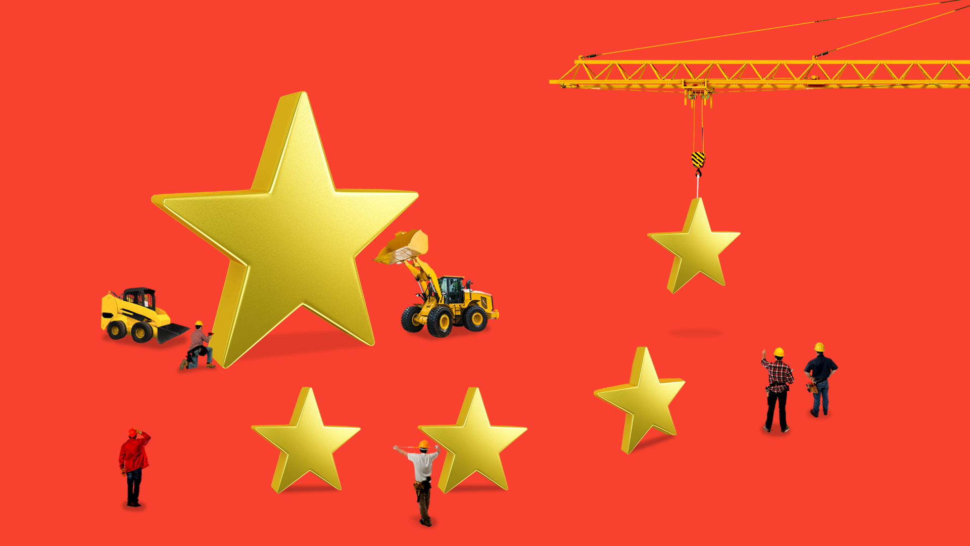 constructions workers and equipment around stars of Chinese flag