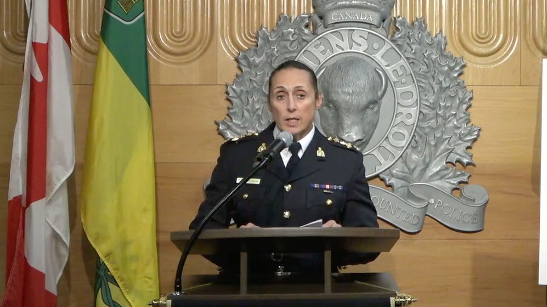 Rhonda Blackmore, the Assistant Commissioner of the RCMP Saskatchewan, speaking at a news conference.