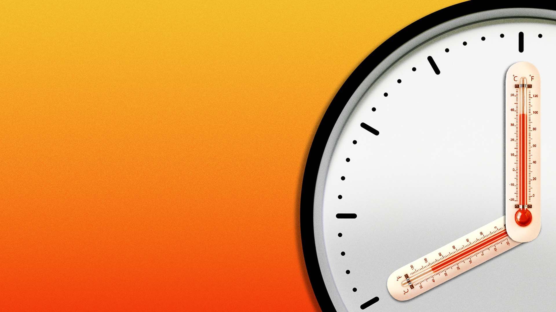 Illustration of a clock with thermometers as the minute and hour hands.