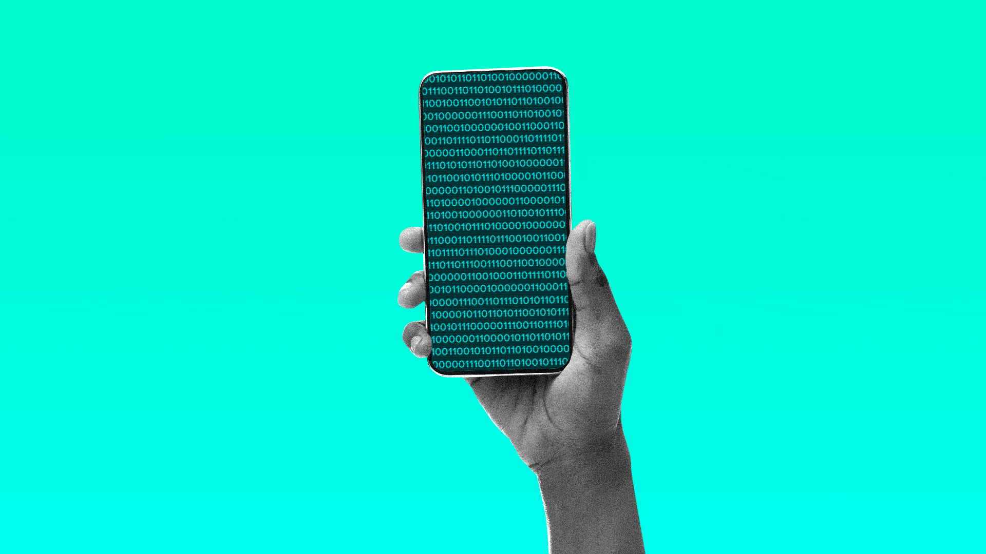 Illustration of a hand holding a phone with animated binary code scrolling by.