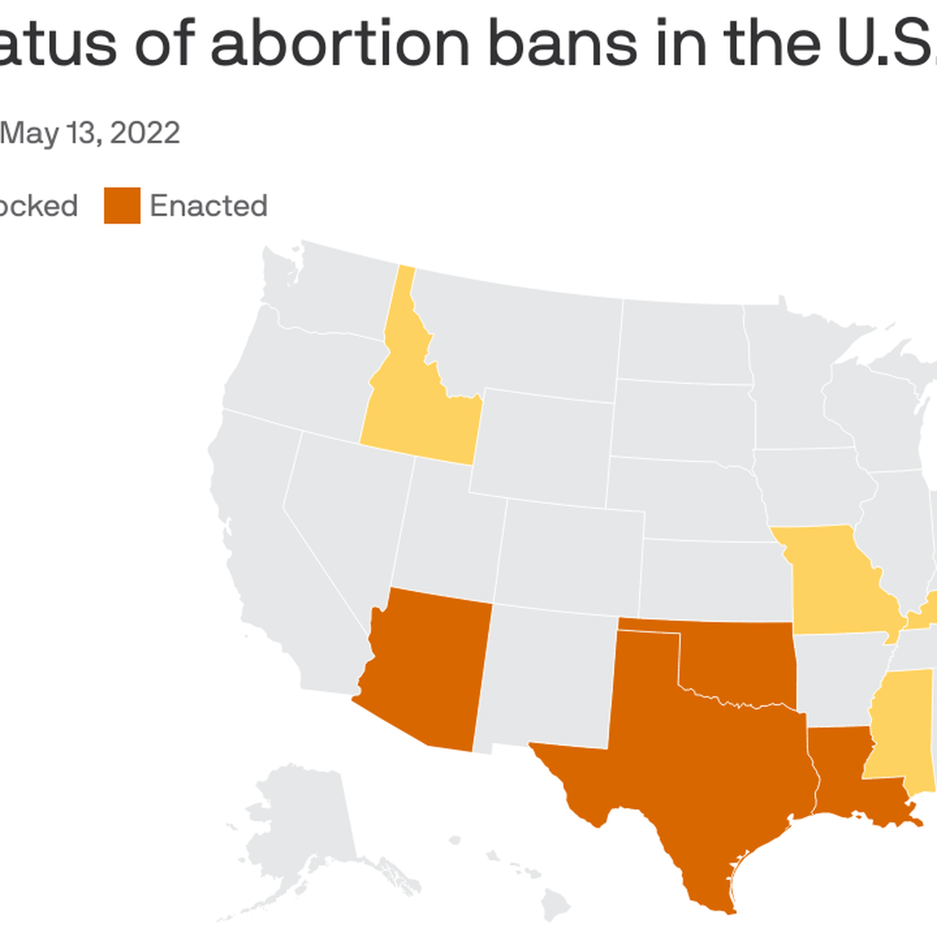 Map showing which states have enacted abortion bans, with some being blocked by courts.