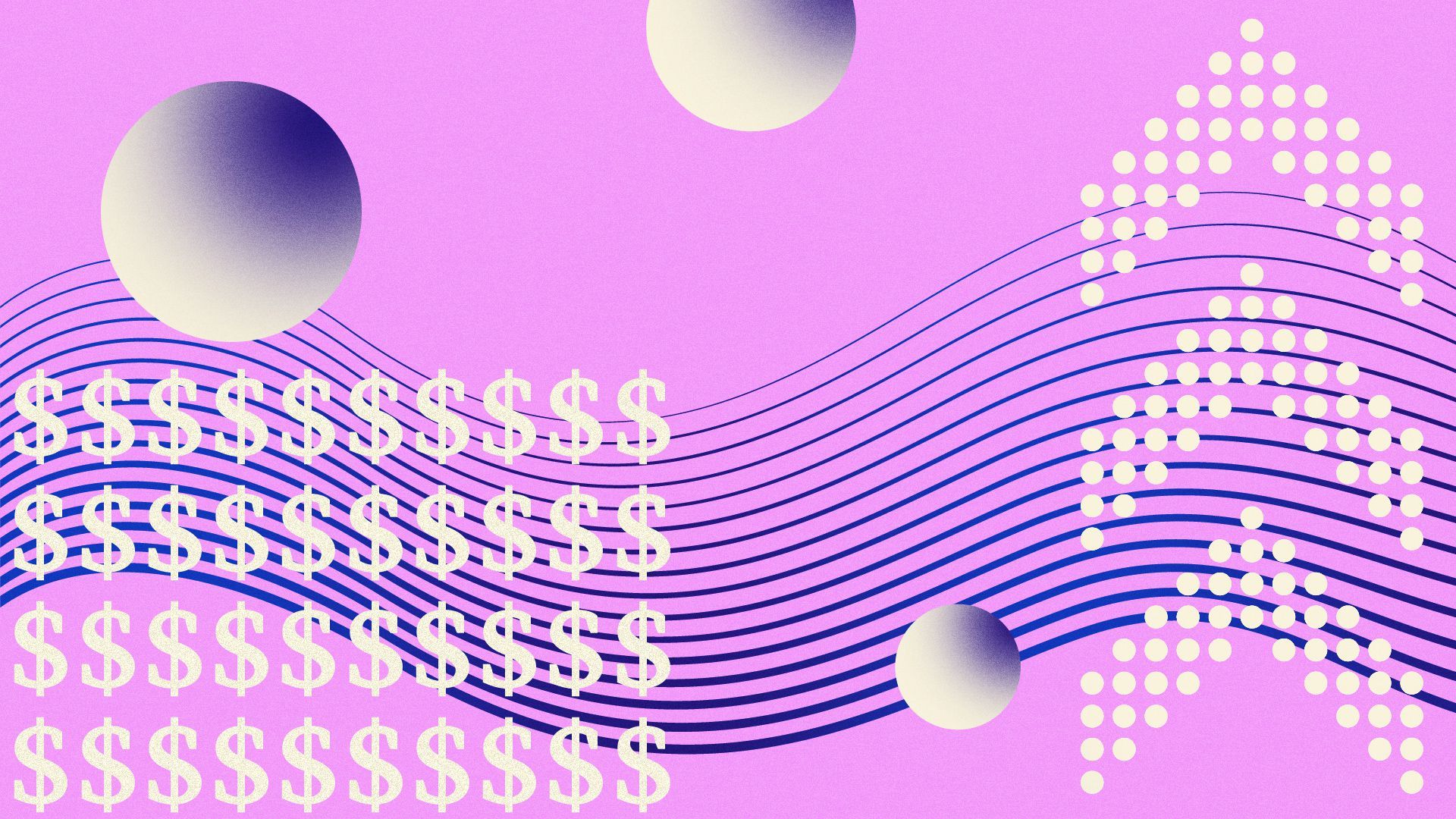 Illustration of dollar bill signs surrounded by arrows, wavy lines and circles. 